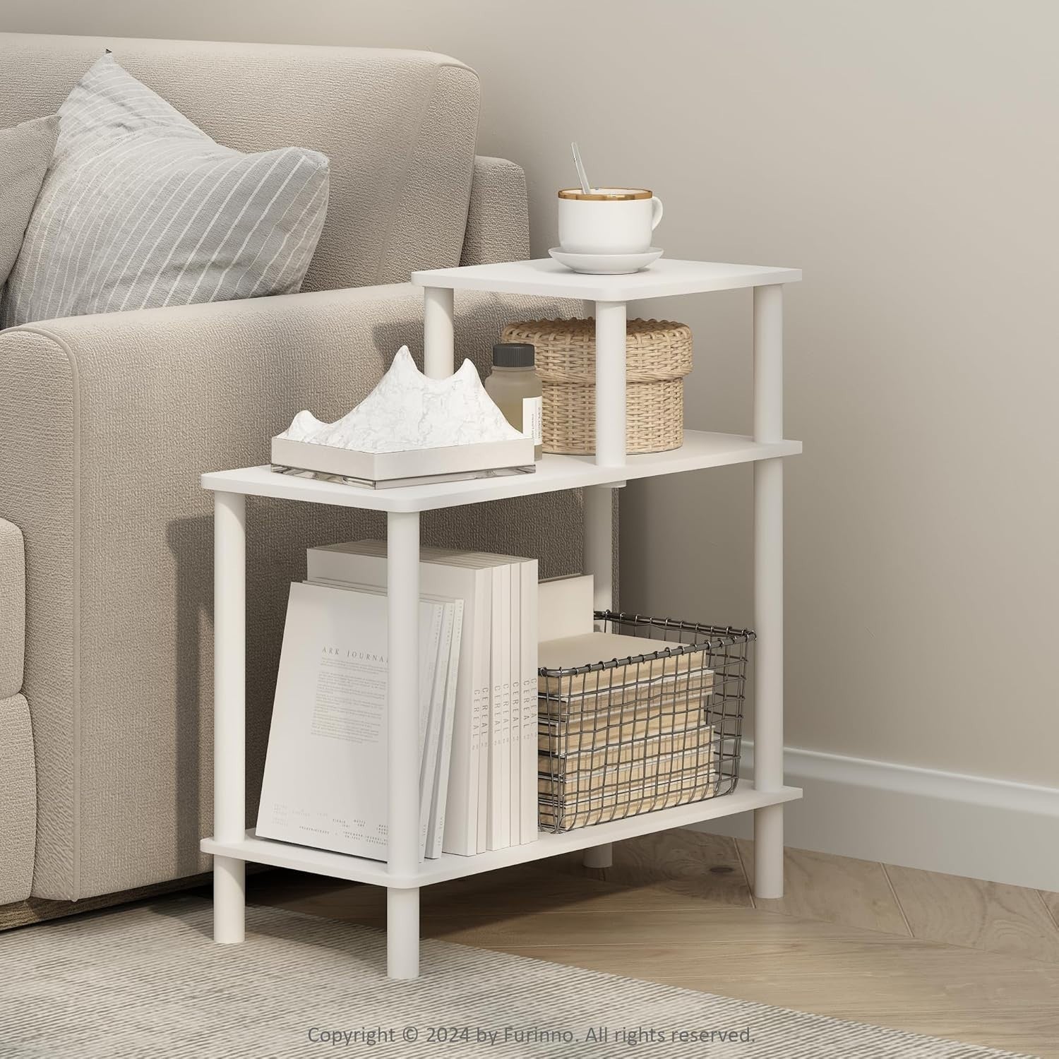 3-Tier White Side Table with Shelves – Minimalist Rectangular End Table