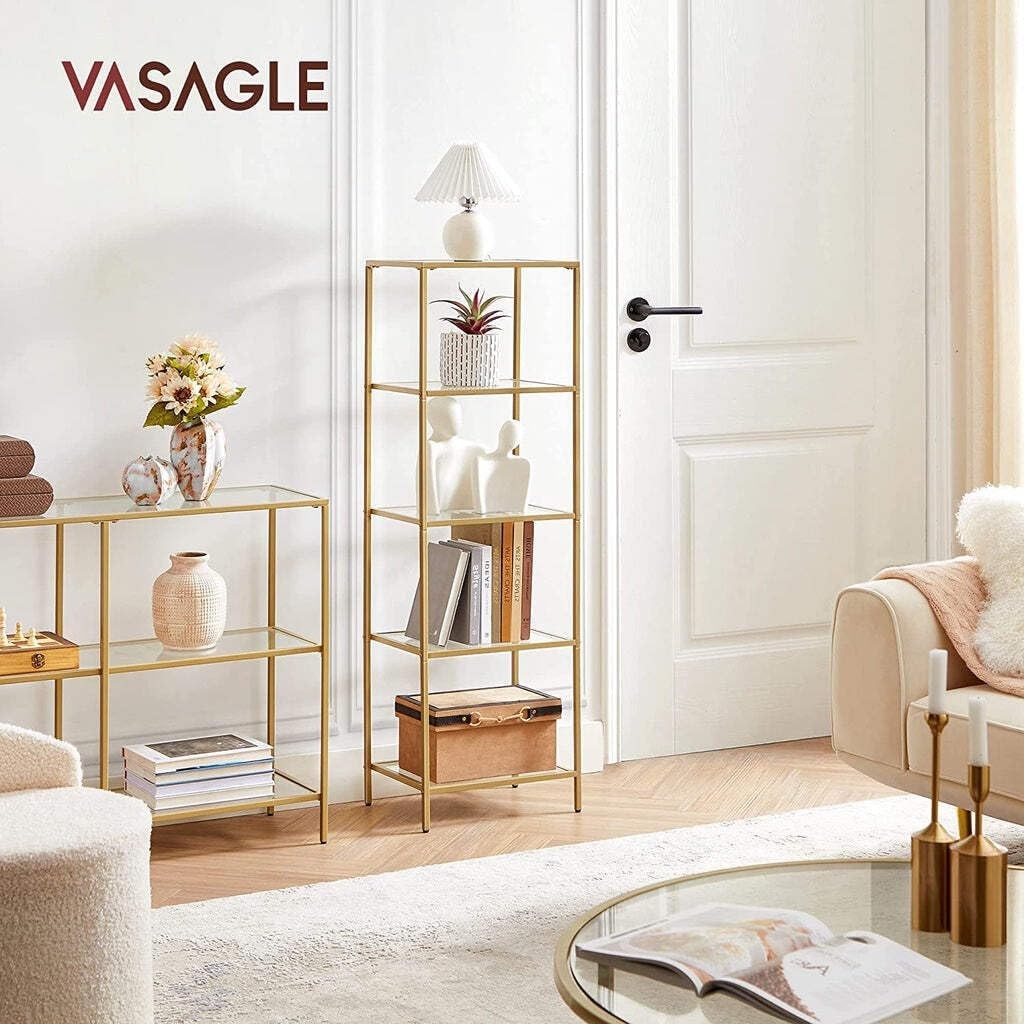 Tall 5-Tier Gold Glass Shelf Unit | Modern Display Rack Storage for Home Office