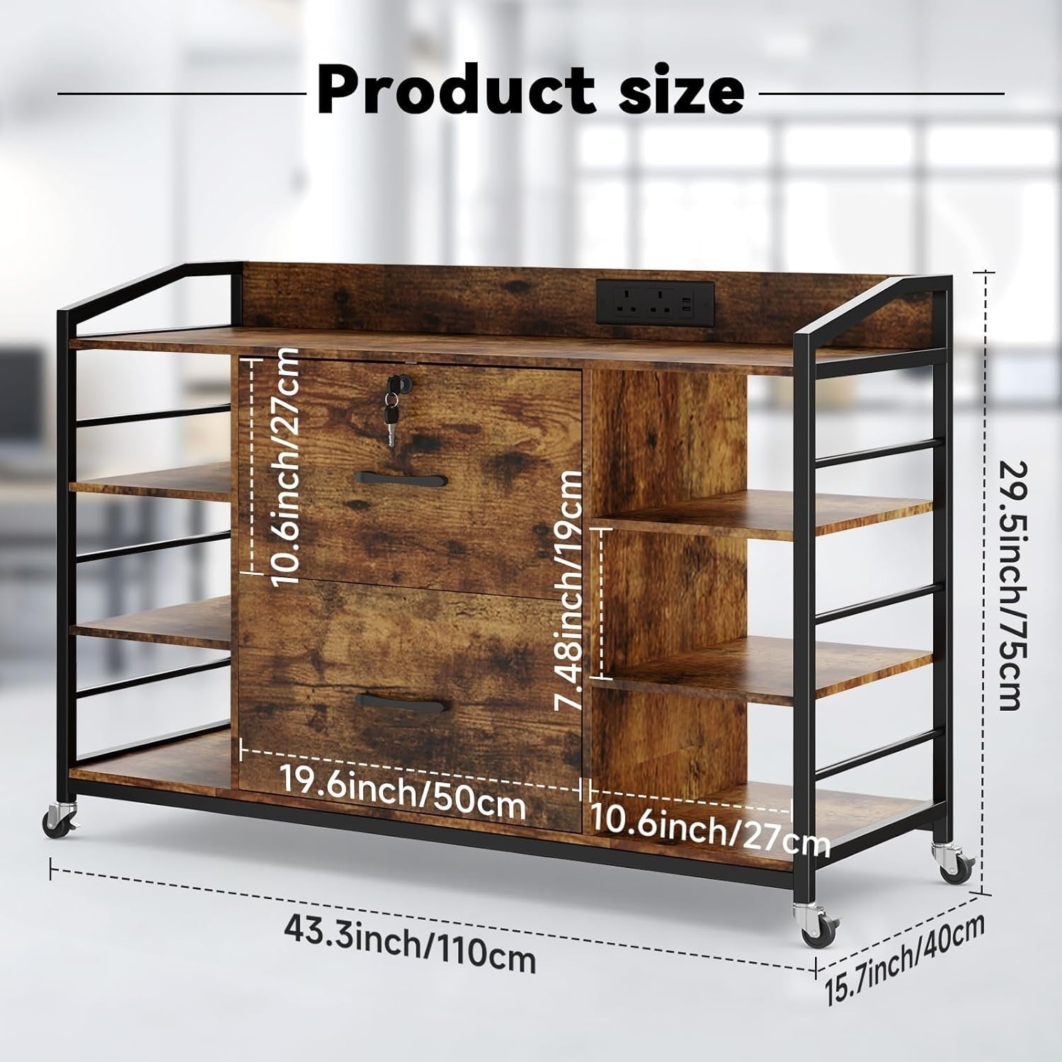 Rustic Mobile File Cabinet w/ Power Outlet Lockable Drawers Printer Desk