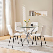 Round Glass Dining Table Set 4 White Velvet Chairs Modern Compact Kitchen