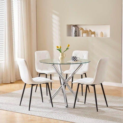 Round Glass Dining Table Set 4 White Velvet Chairs Modern Compact Kitchen