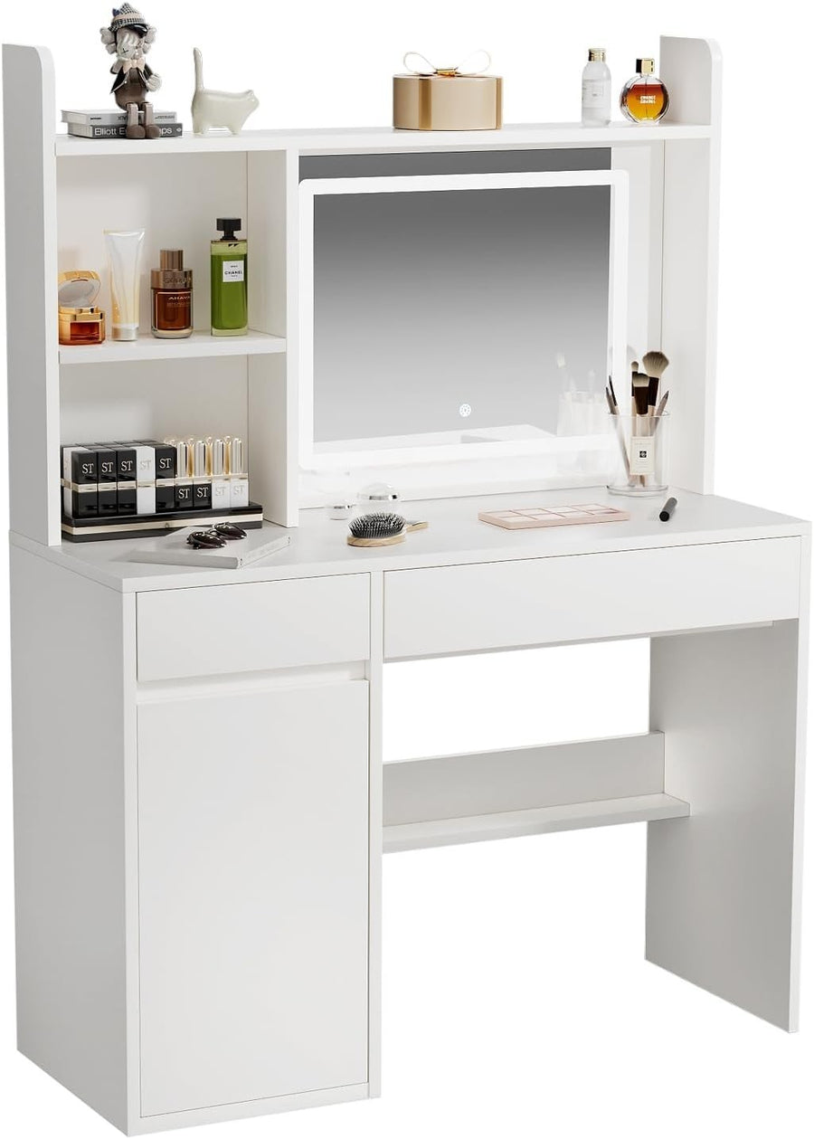White Modern Vanity Table Dressing Desk w/ Dimmer Mirror Lights & 2 Drawers