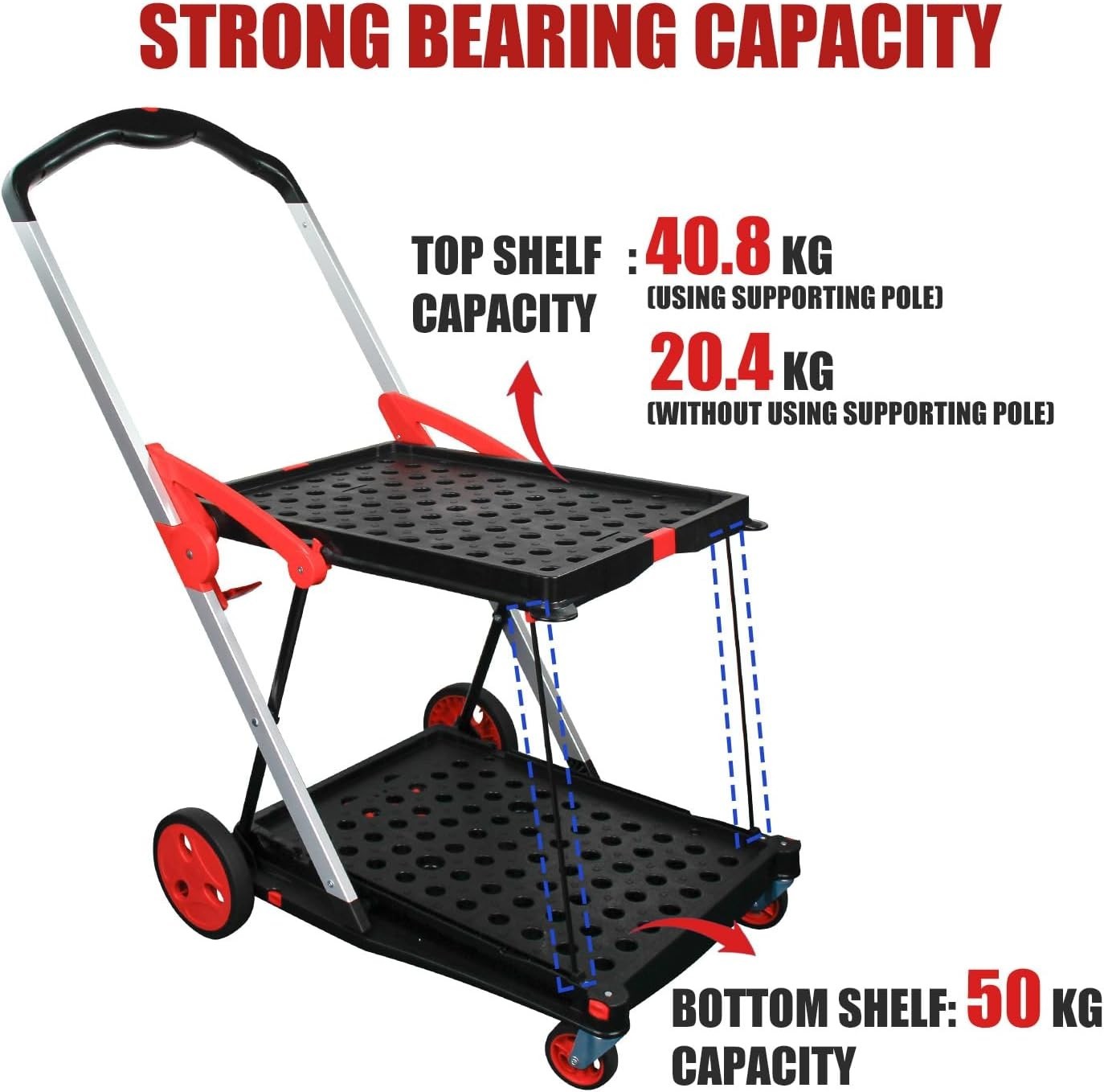 Folding Shopping Cart Two-Tier Utility Trolley 360° Swivel Wheels Red