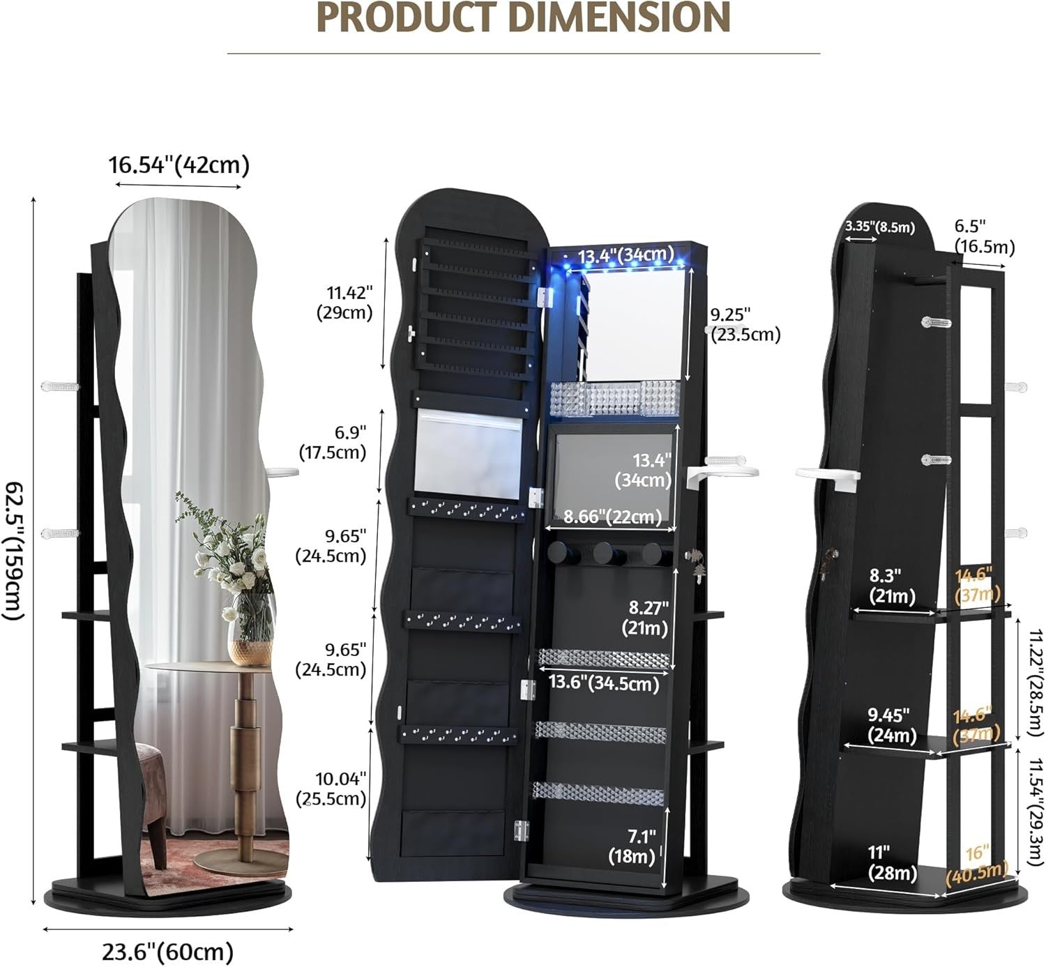 Black LED Rotating Jewellery Cabinet Lockable Wavy Mirror Organizer