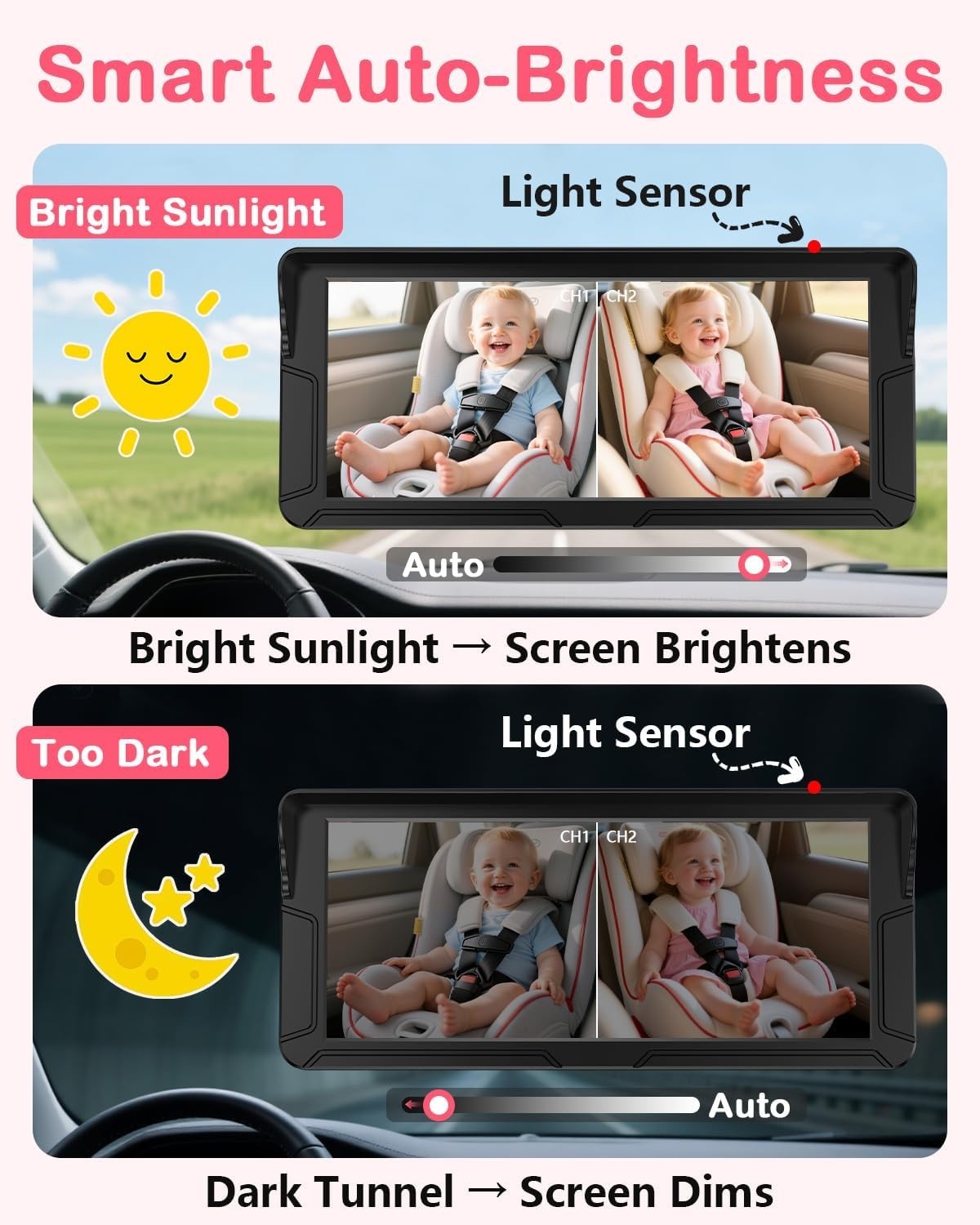 Dual Baby Car Camera 6.9" HD Split Screen Night Vision Rear Seat Monitor