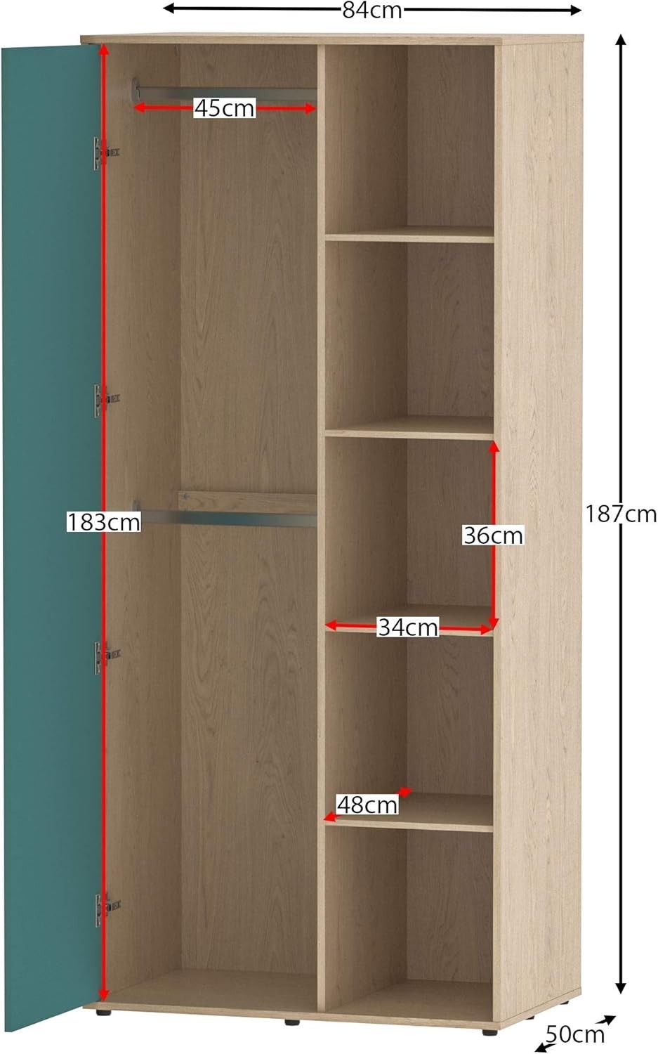 Children’s Wardrobe with Shelves & Rail, Blue Oak Kids Storage Cabinet