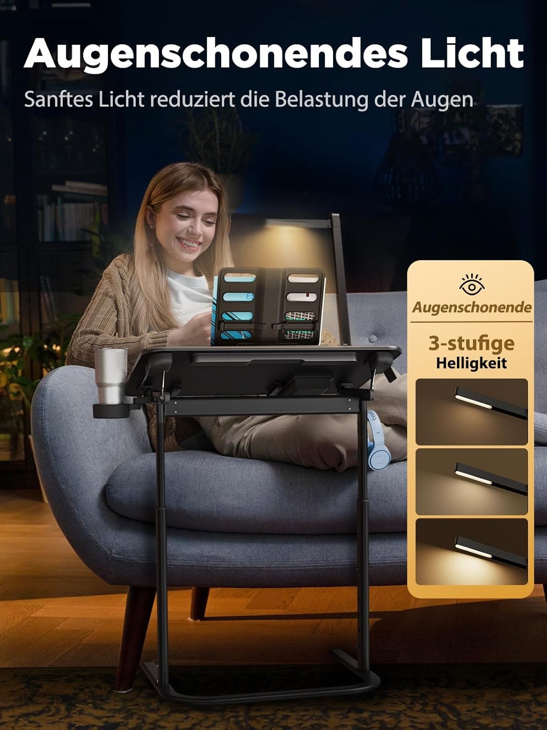 Height Adjustable Laptop Desk with LED Lamp Drawer Book Stand 65x45cm