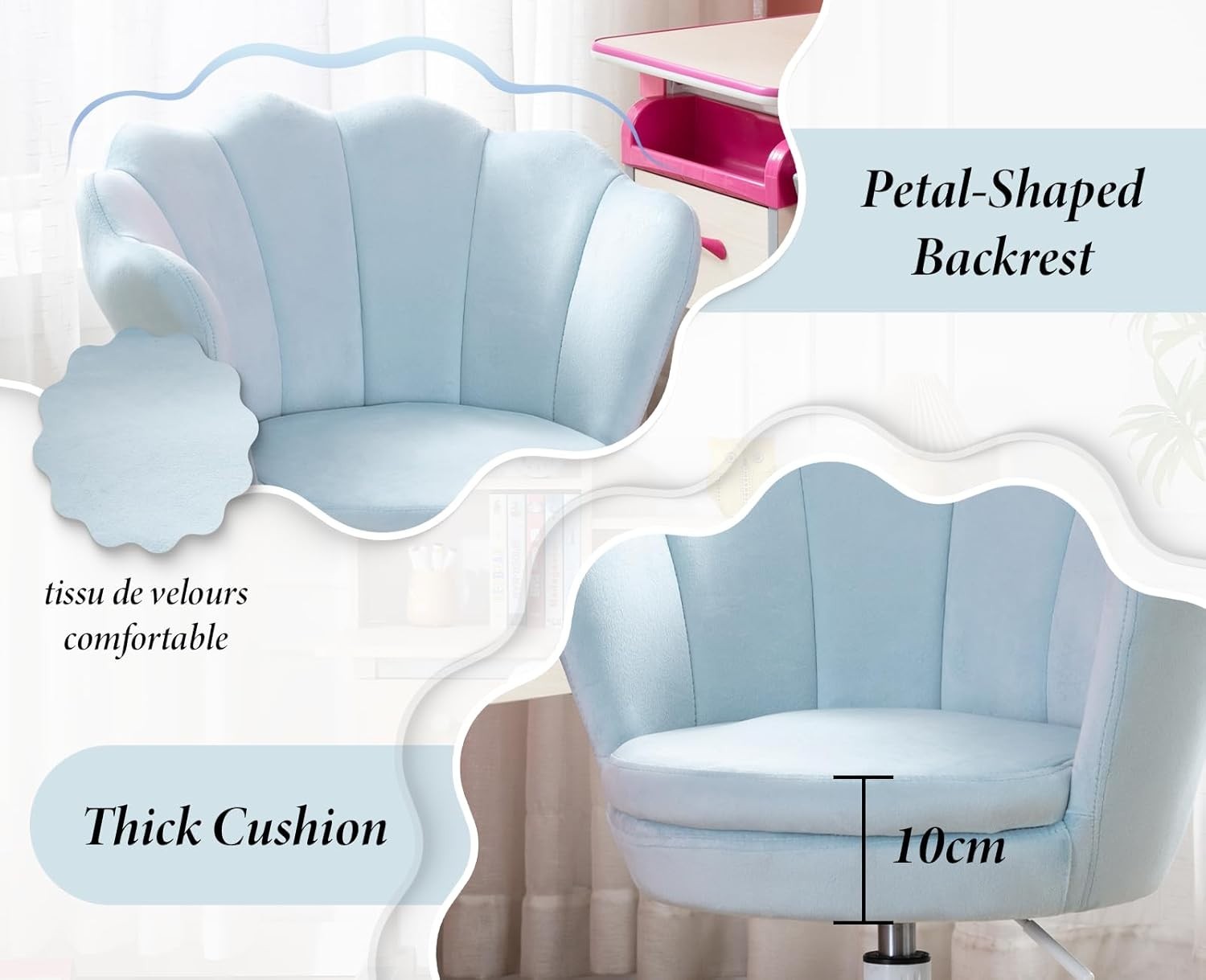 Kids Swivel Desk Chair Height Adjustable Velvet Upholstered Study Seat Blue