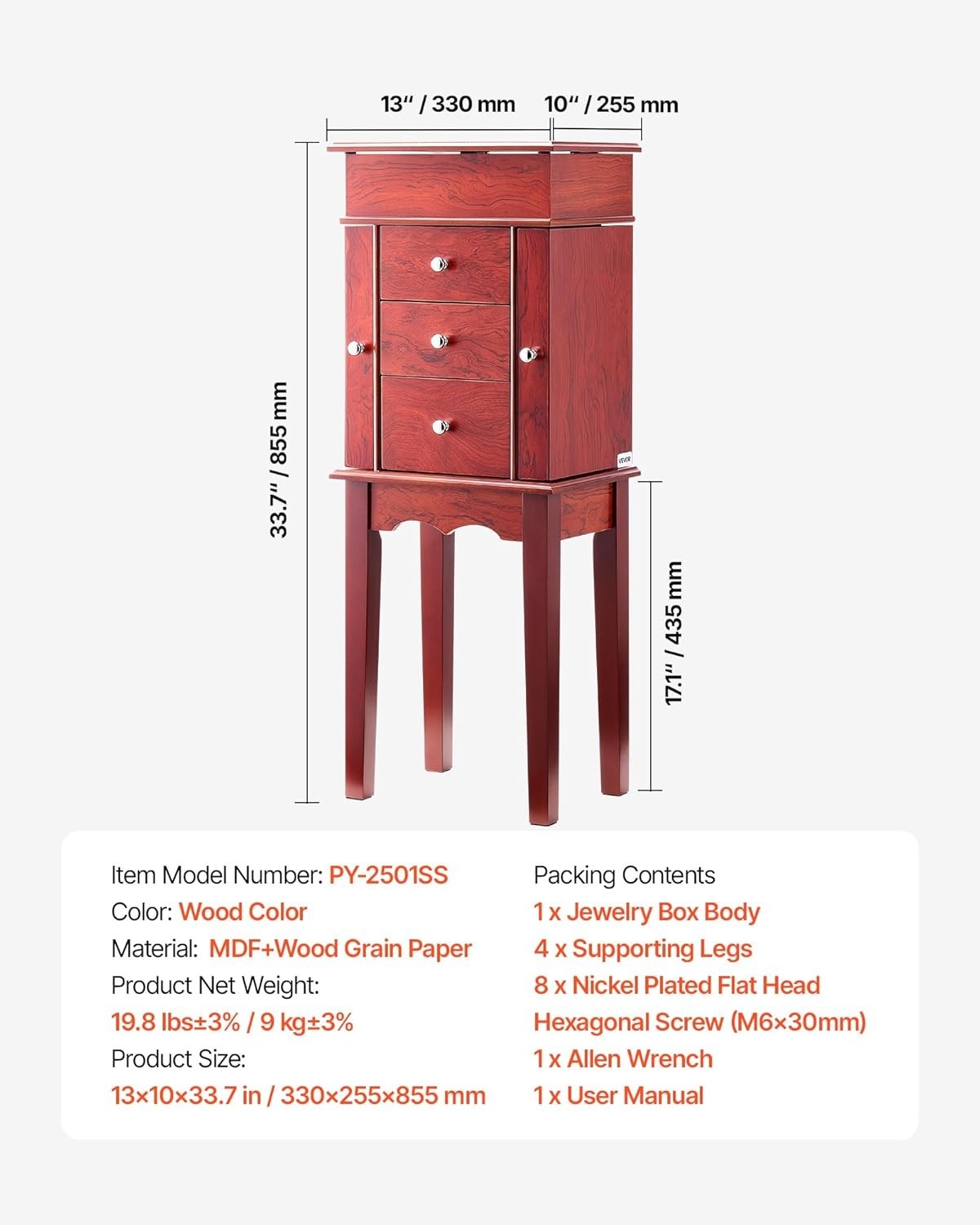 Standing Wood Jewellery Armoire with Drawers Flip Top Mirror Storage