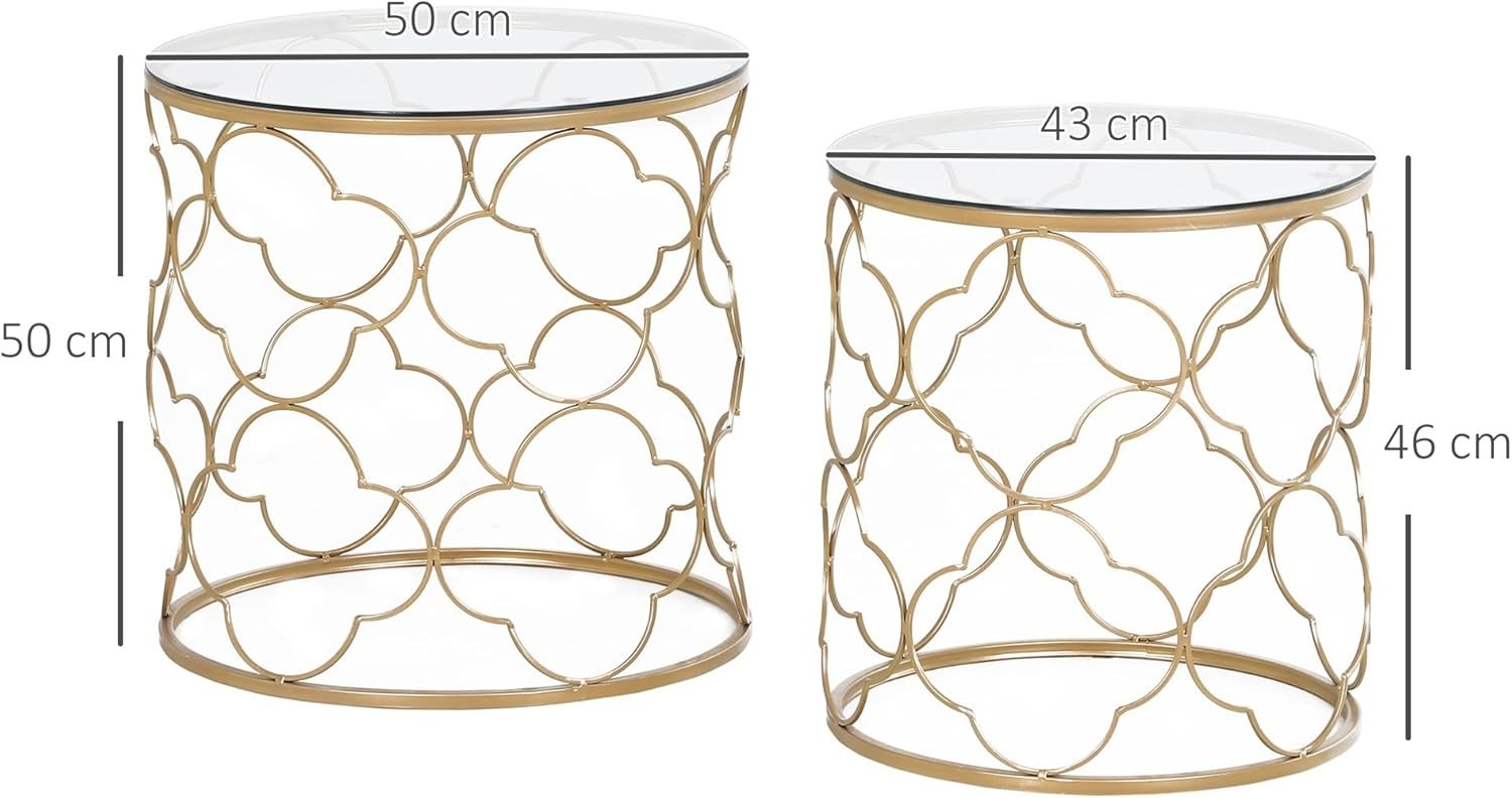 Nest of 2 Round Side End Tables Gold Tone Metal Frame Tempered Glass Top Modern