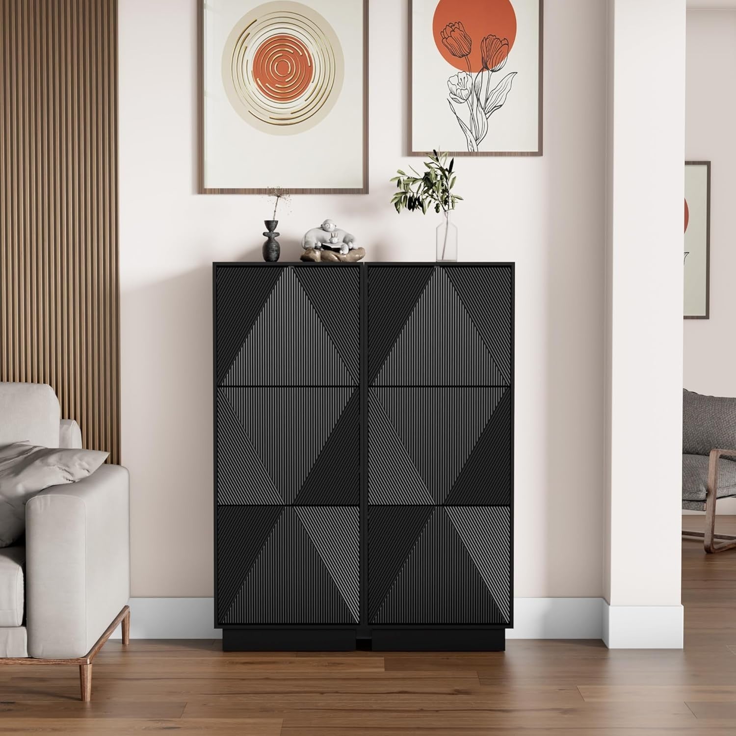 Black Slim Shoe Cabinet Storage | 3 Flip Drawers, 131cm, Anti-Tip Design