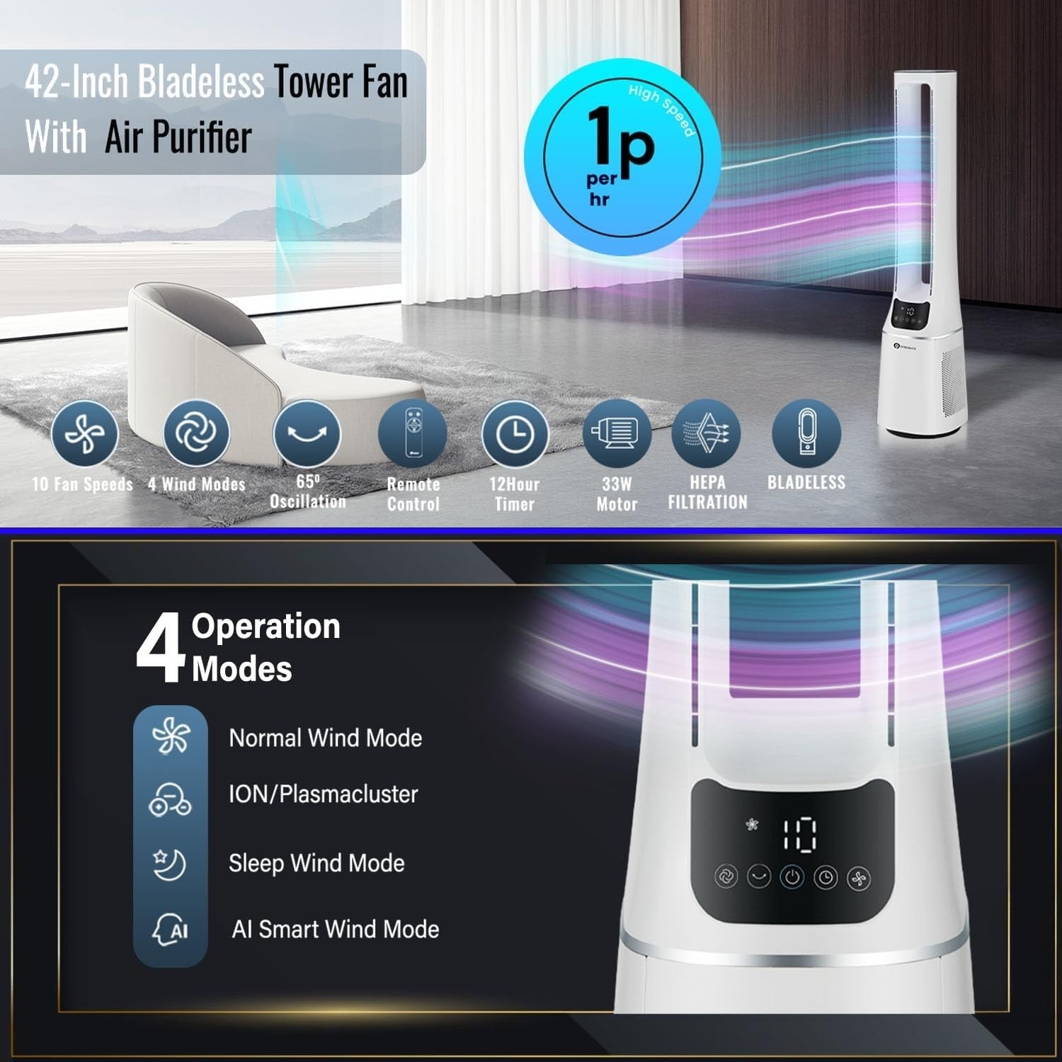 2-in-1 Bladeless Tower Fan Air Purifier HEPA Filter 10-Speed Remote White Quiet