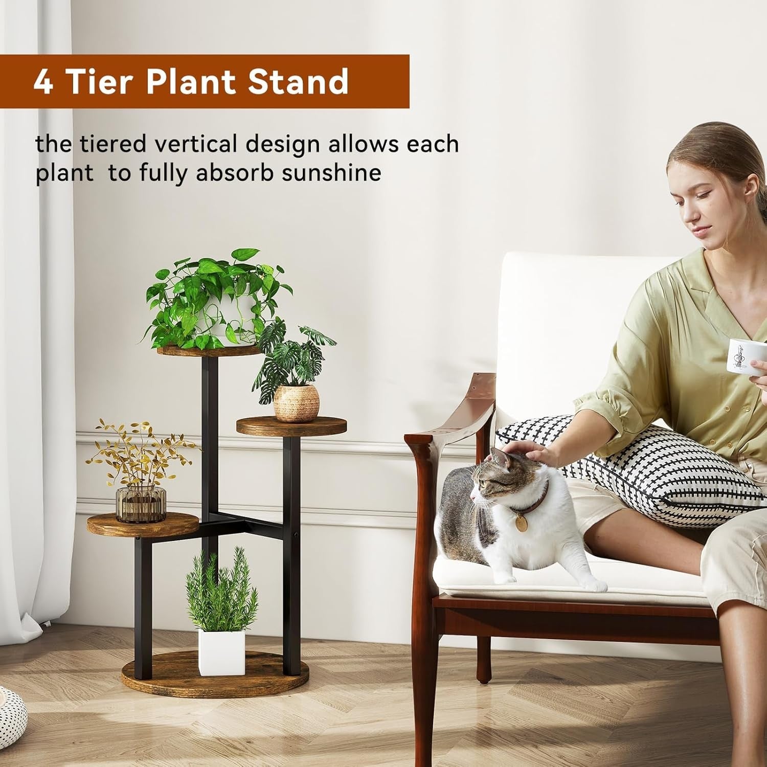 4 Tier Metal Wood Plant Stand Indoor | Rustic Brown Corner Flower Pot Shelf Rack