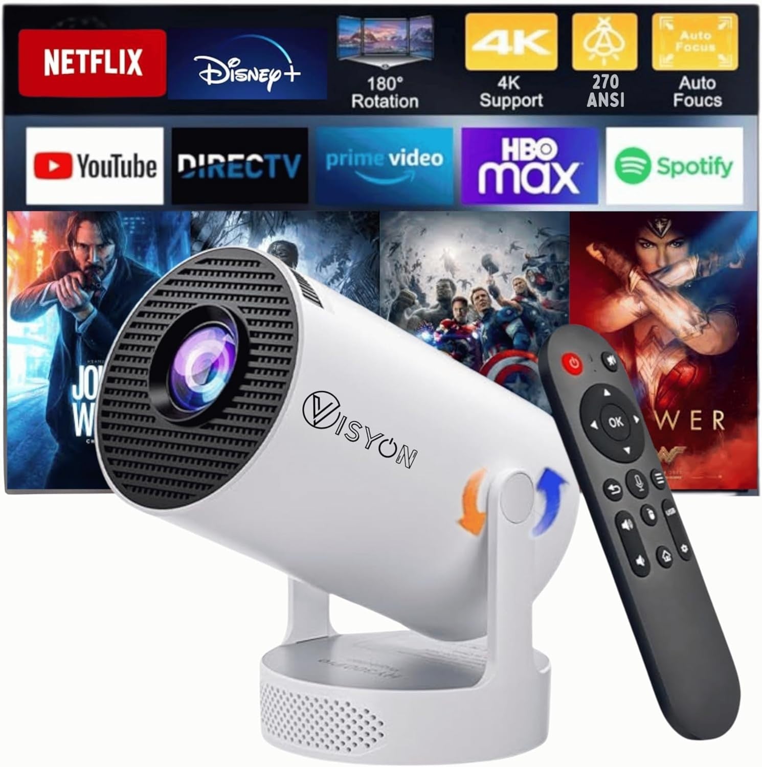 Android Smart Mini Projector WiFi Bluetooth 1080P 4K Support 12000L