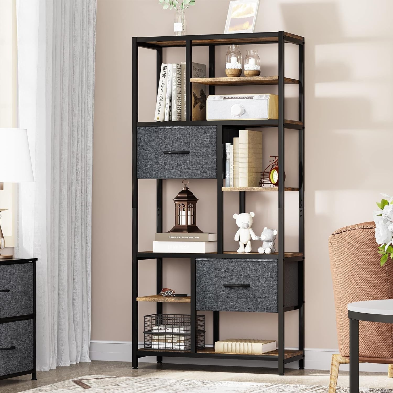 7-Tier Rustic Industrial Bookshelf with Drawers, Tall Display Storage Unit