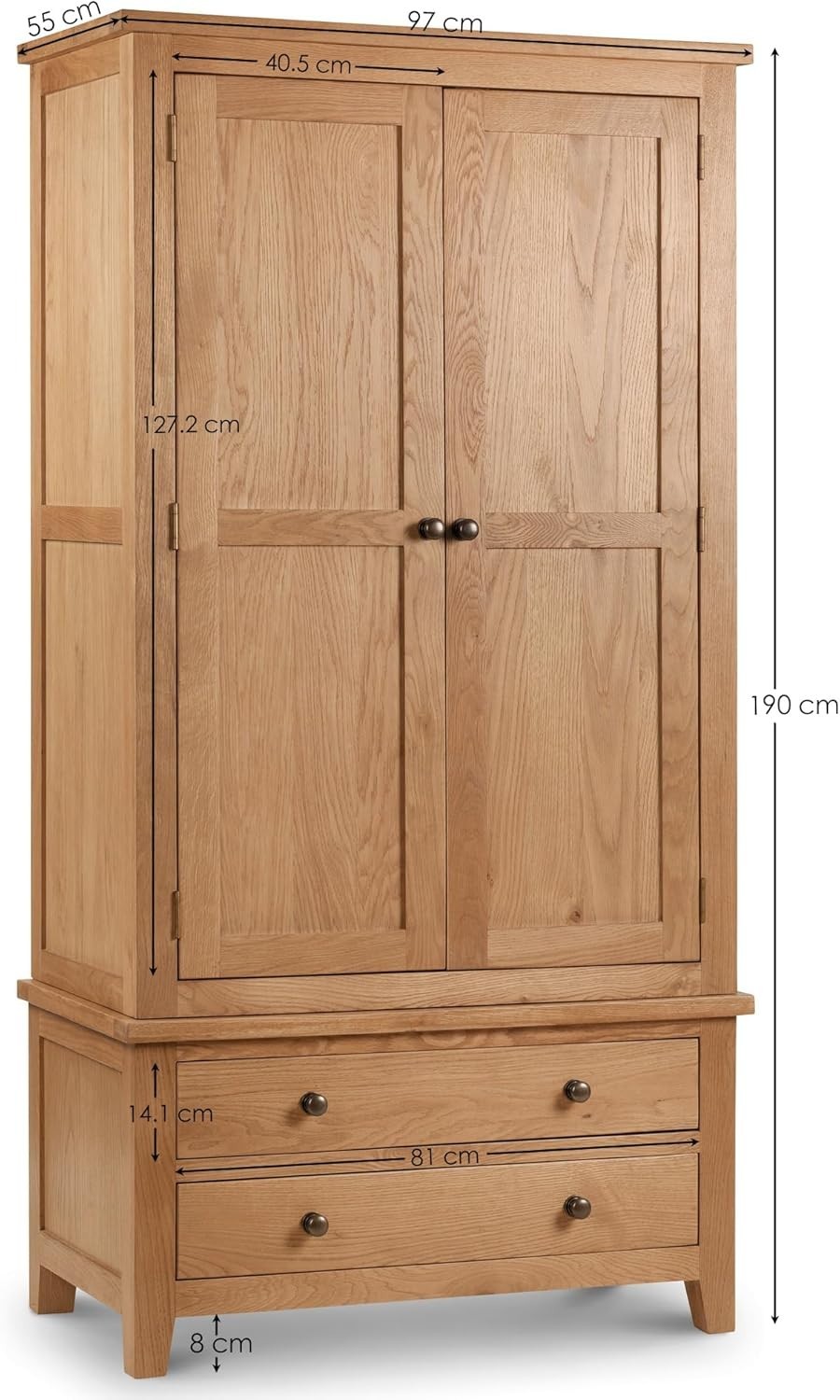 Oak 2 Door Wardrobe with Drawers Bedroom Storage Cabinet Dovetail Joints