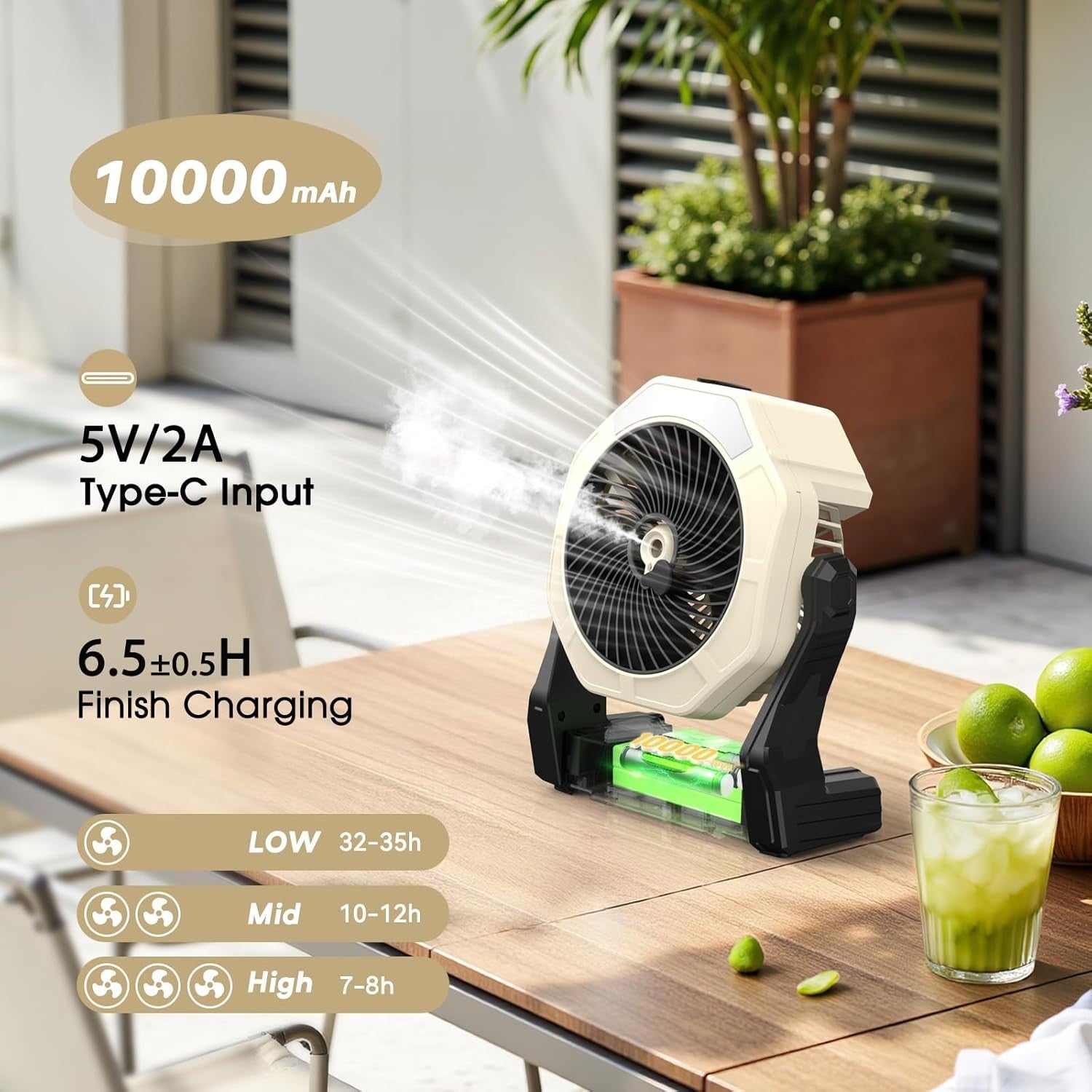 8in Portable Misting Fan – 10000mAh Rechargeable LED Desk Fan with 250ml Tank