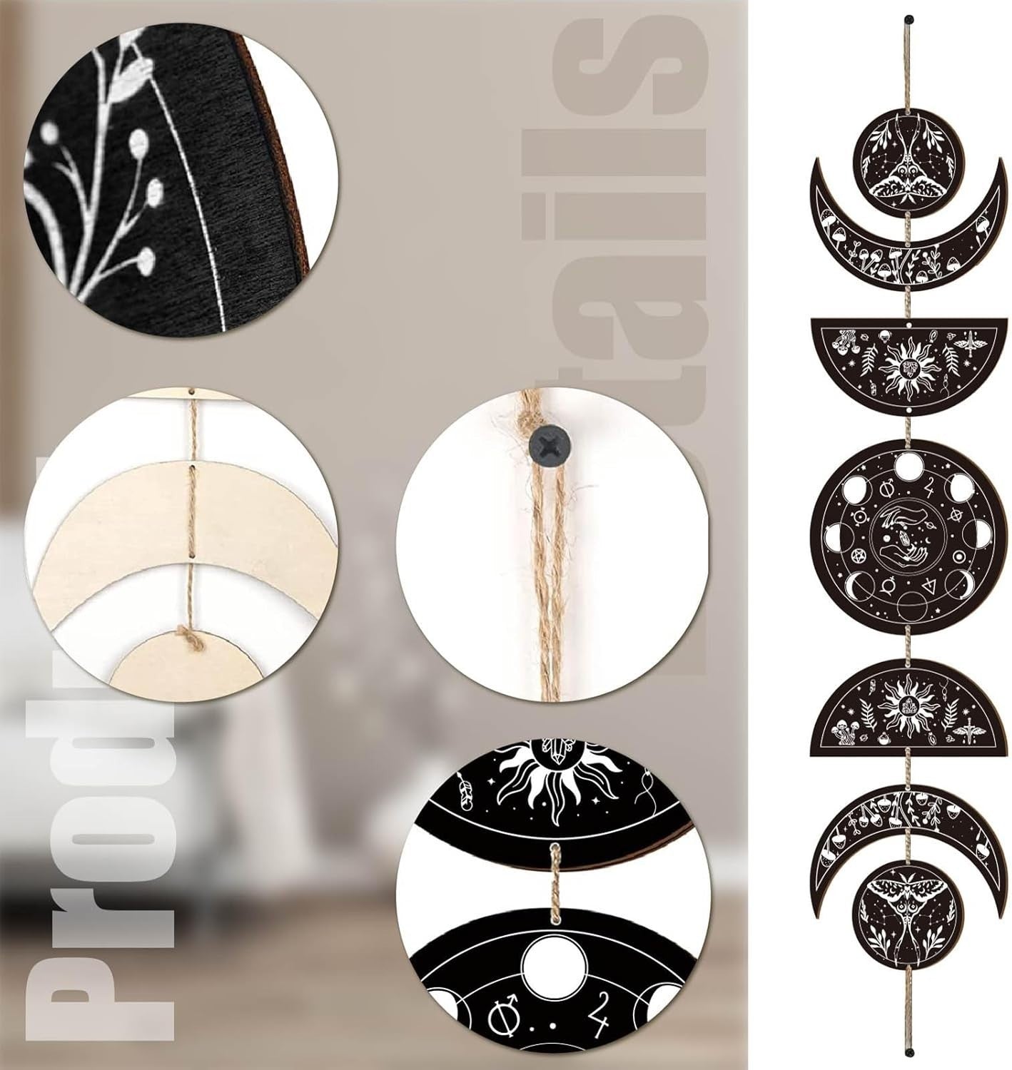 Moon Phase Wall Hanging Boho Wooden Witchy Decor 7pcs