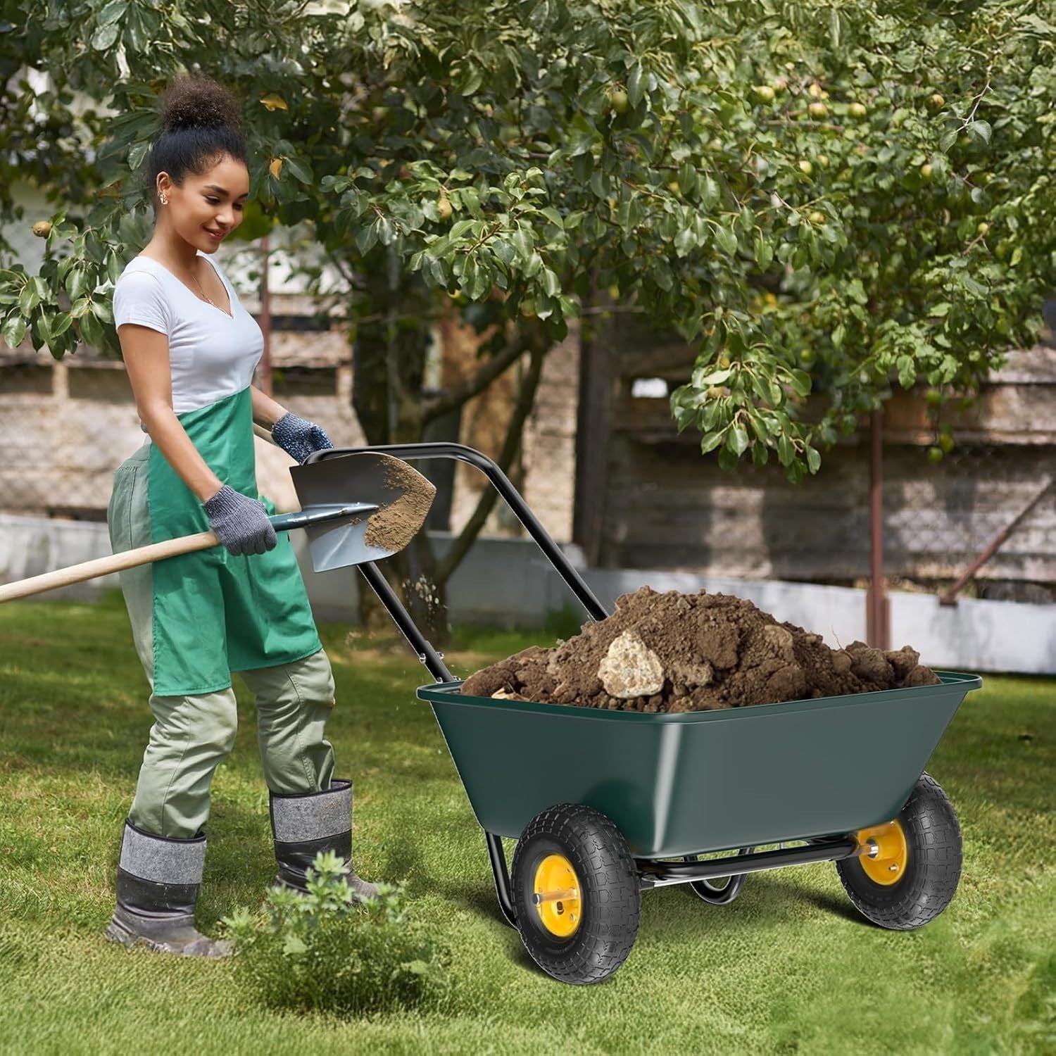 85L 2-Wheel Garden Wheelbarrow & Green Poly Cart w/ U Handle for 136kg Load