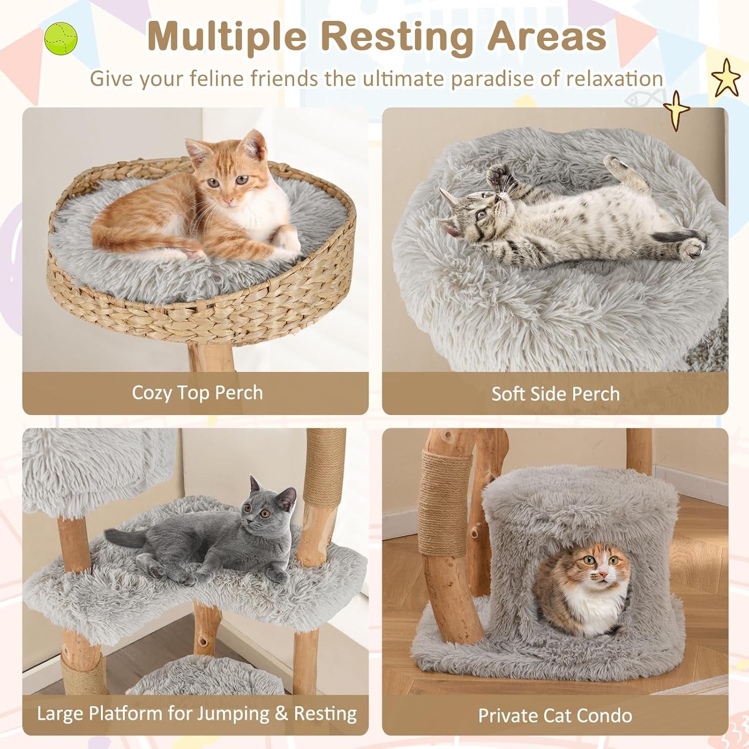 124cm Wooden Cat Tree Multi Level Tower with Jute Scratching & Plush Perch