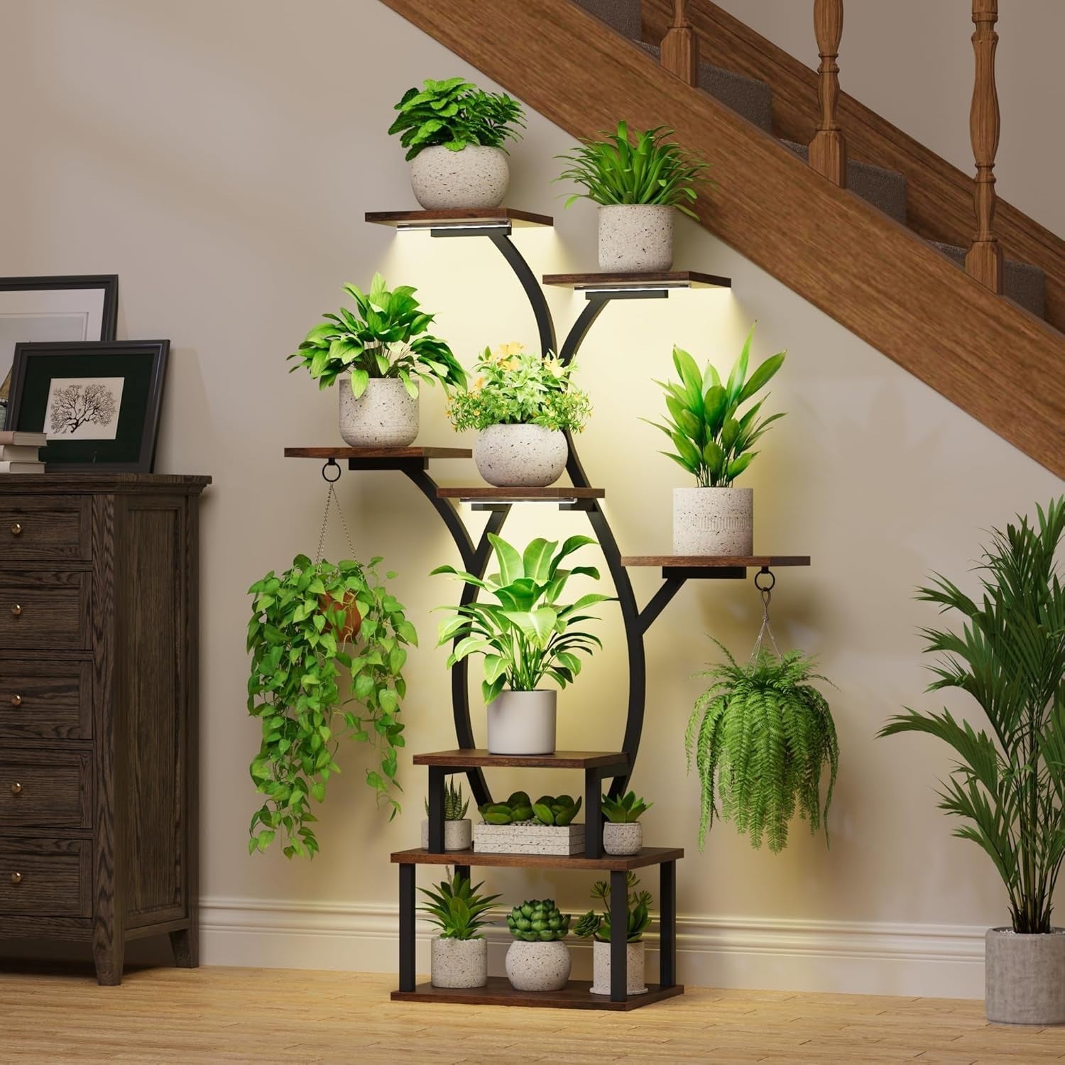 8-Tier Metal Plant Stand with Grow Lights, 122cm Indoor Flower Shelf Rack