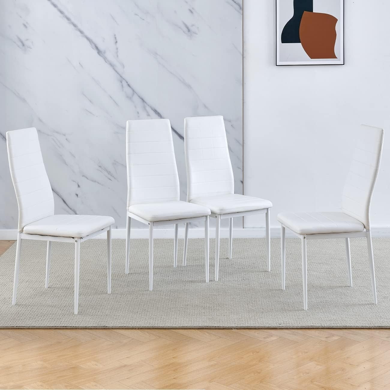 Compact 4 Seater Dining Table Set White Faux Leather Chairs Kitchen