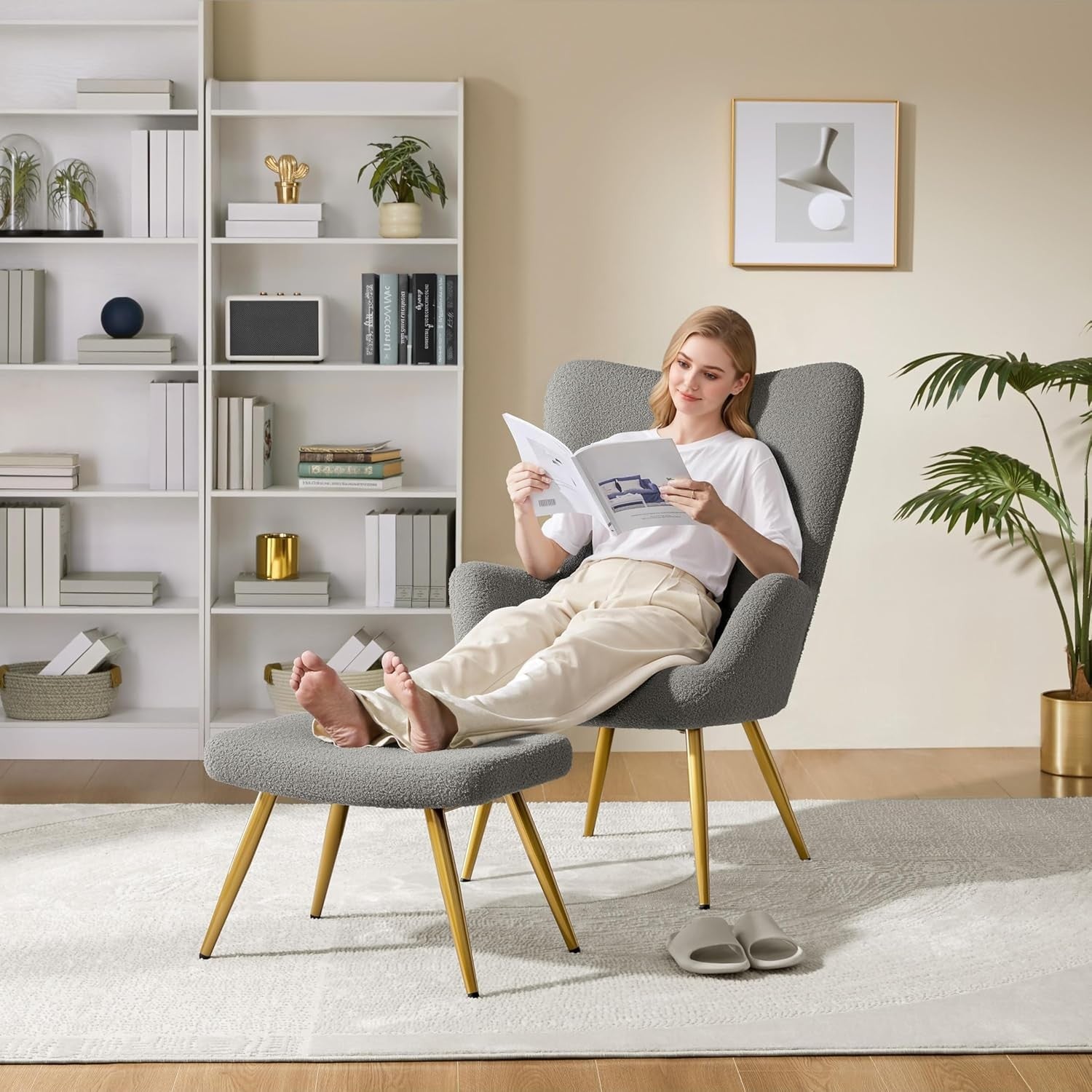 Sherpa Boucle Armchair with Ottoman High Back Accent Chair Dark Grey