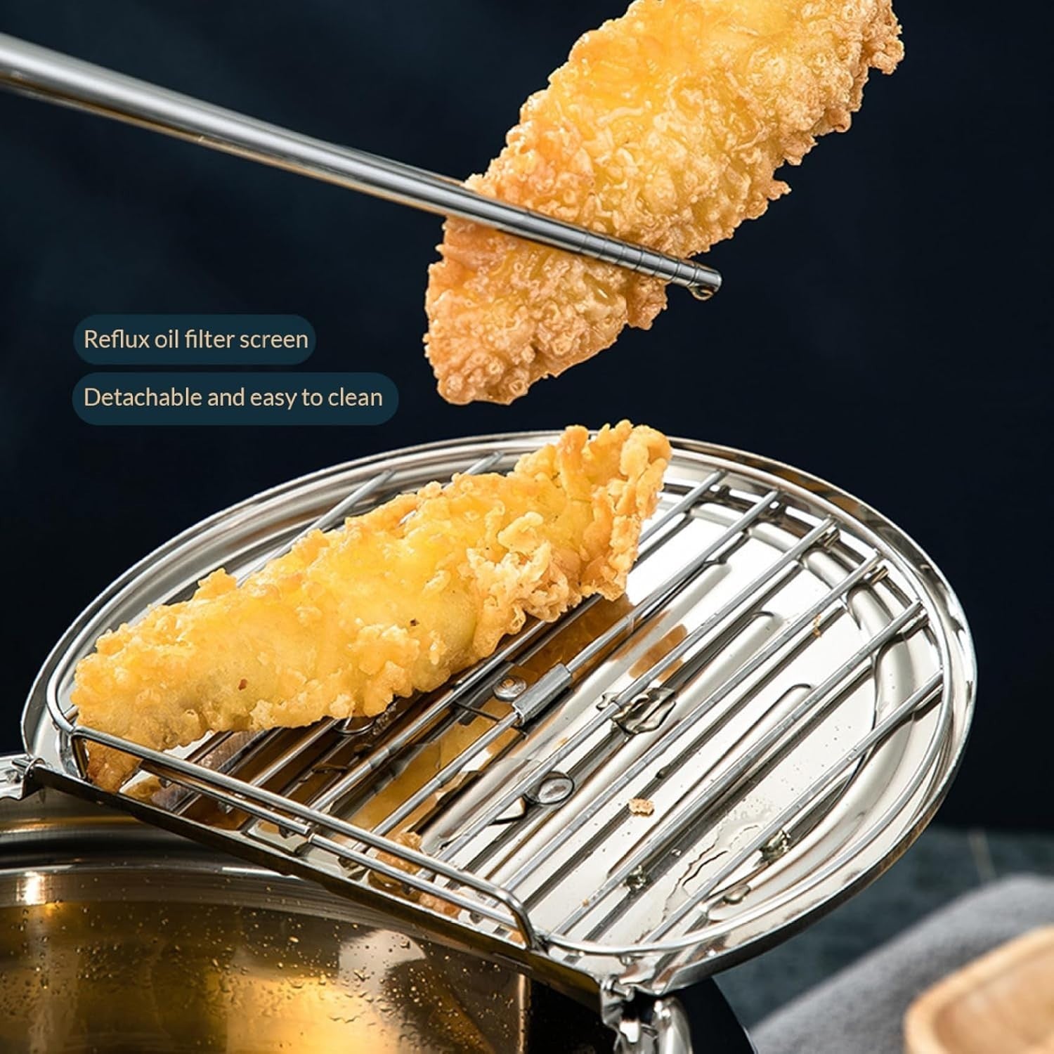 4.2L Stainless Steel Tempura Fryer Pot 11'' Thermometer Oil Drip Rack