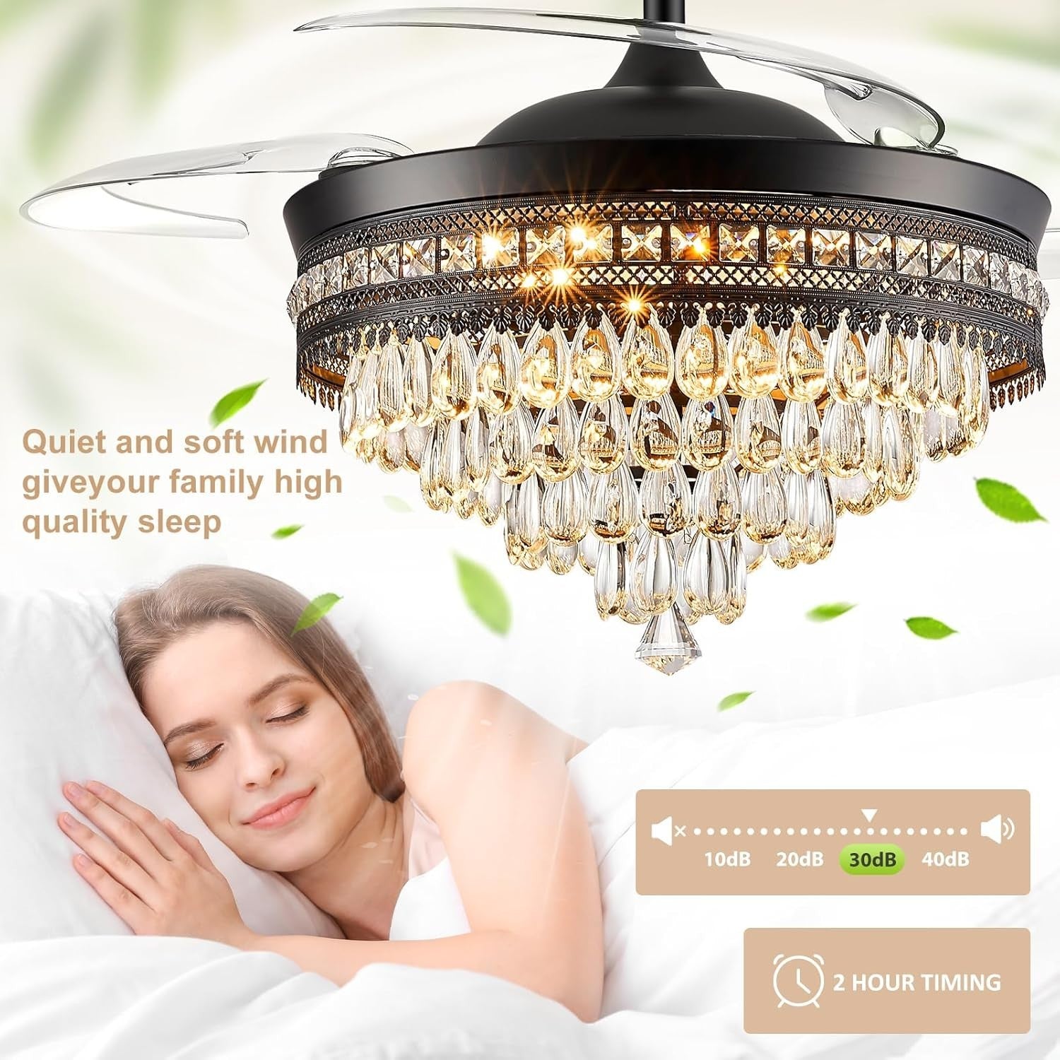 48" Chandelier Ceiling Fan with Light, Black, Retractable, LED, Remote