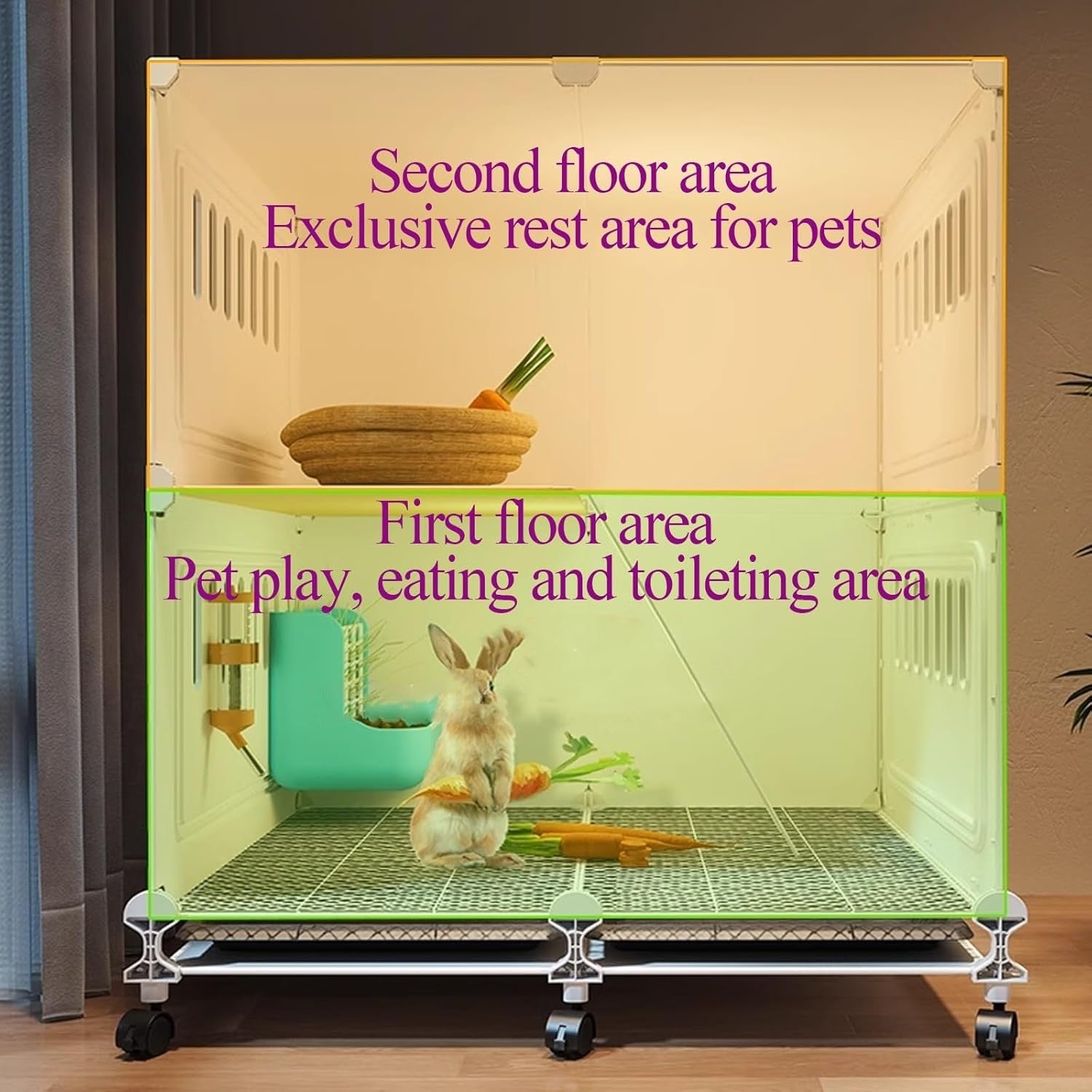 Indoor Rabbit Hutch Wheels 2 Tier Bunny Cage Easy Clean Run Tray