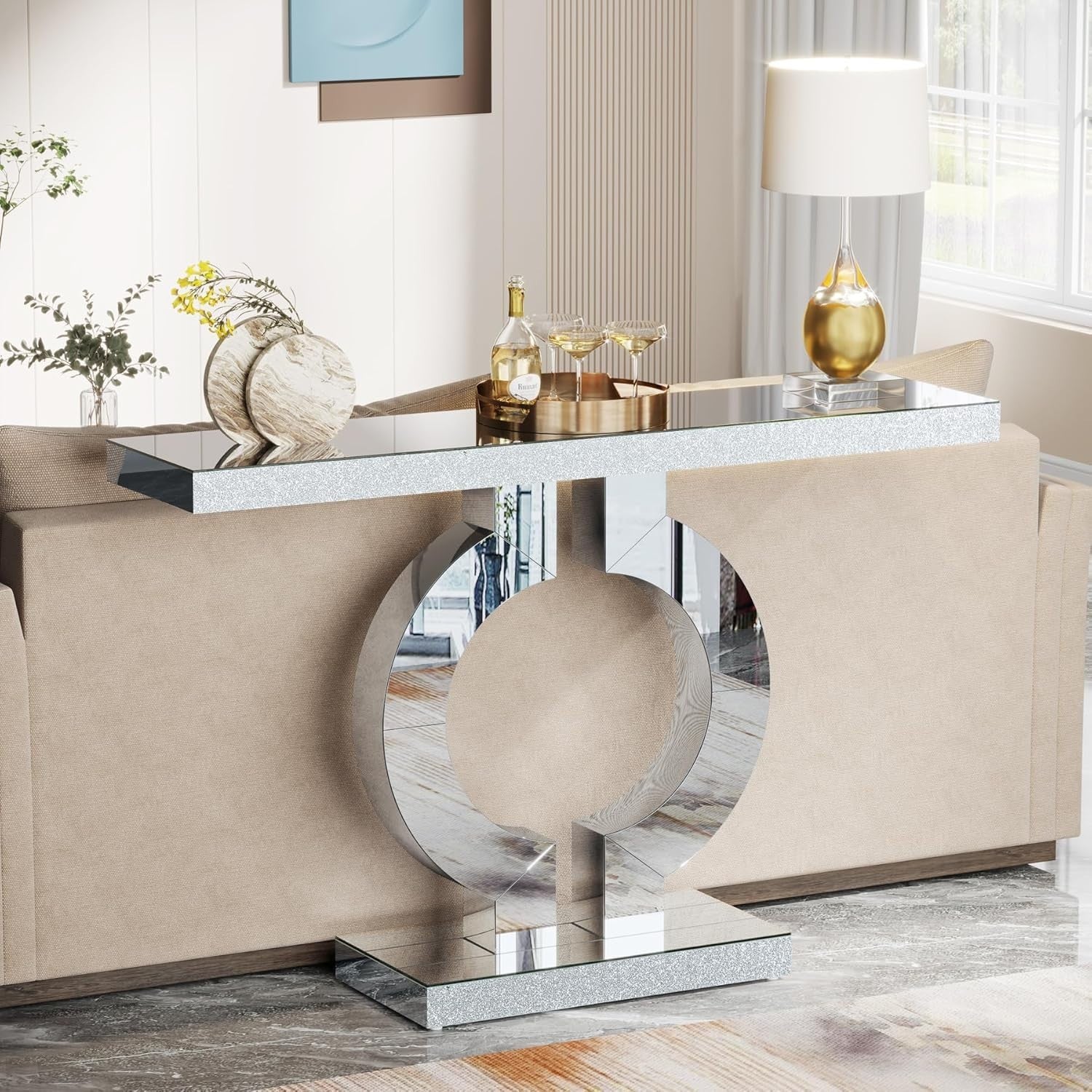 Mirror Console Table Glass Hallway Entryway Desk O-Shape Base 43” Elegant