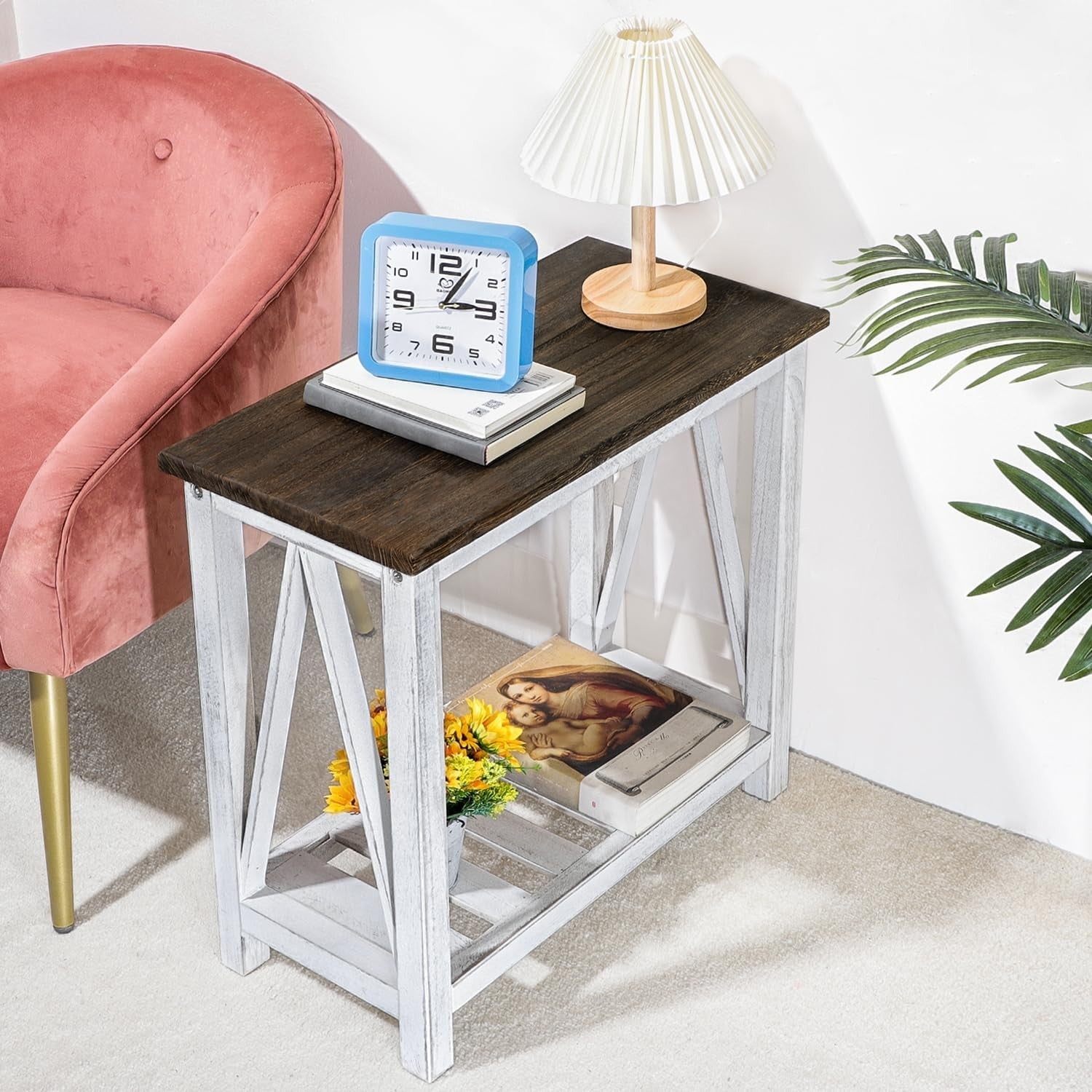 Rustic Brown & White Farmhouse End Table with Storage Shelf, Space-Saving