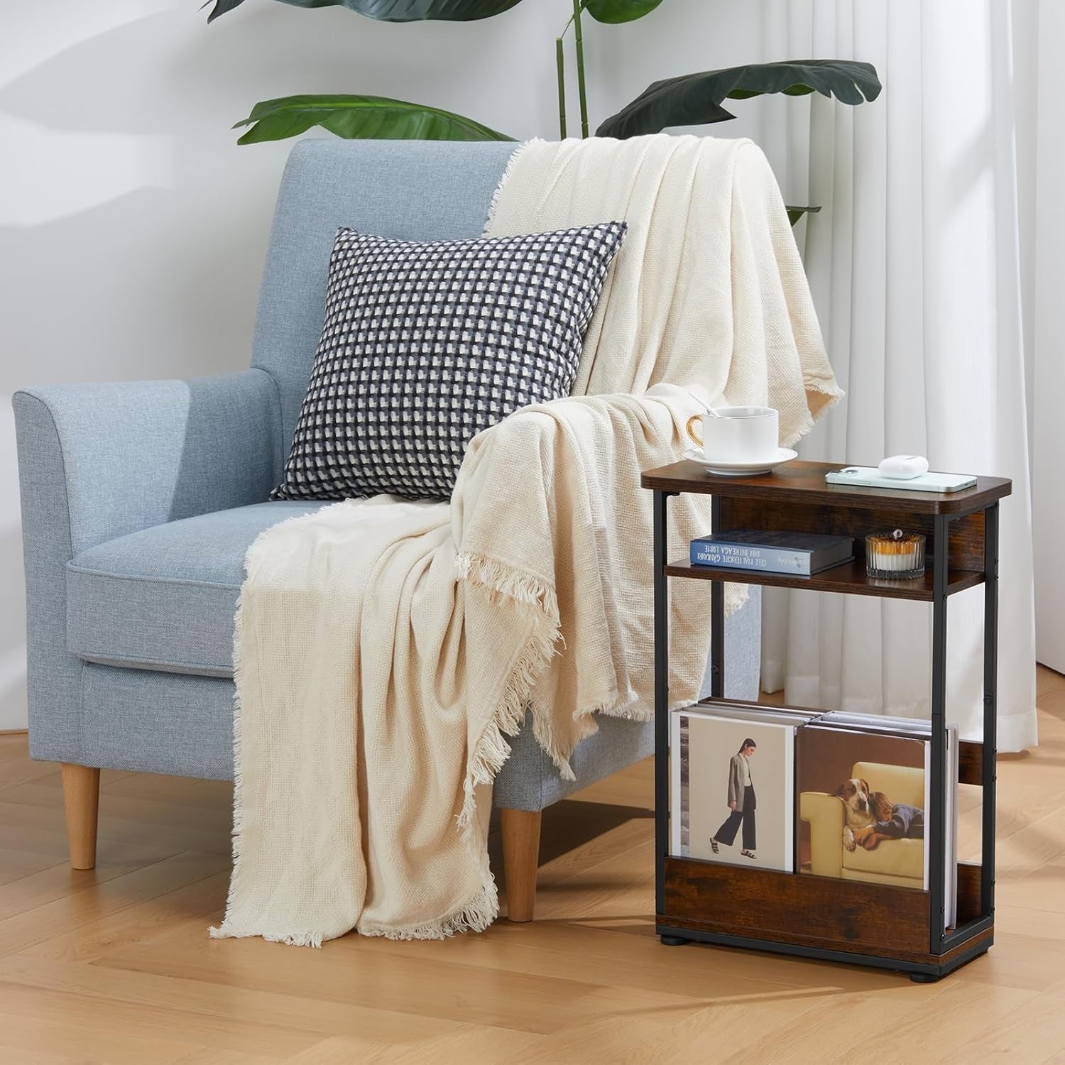 Narrow Rustic Brown Bedside Table 18x40x55cm, Storage Shelf, Slim Design