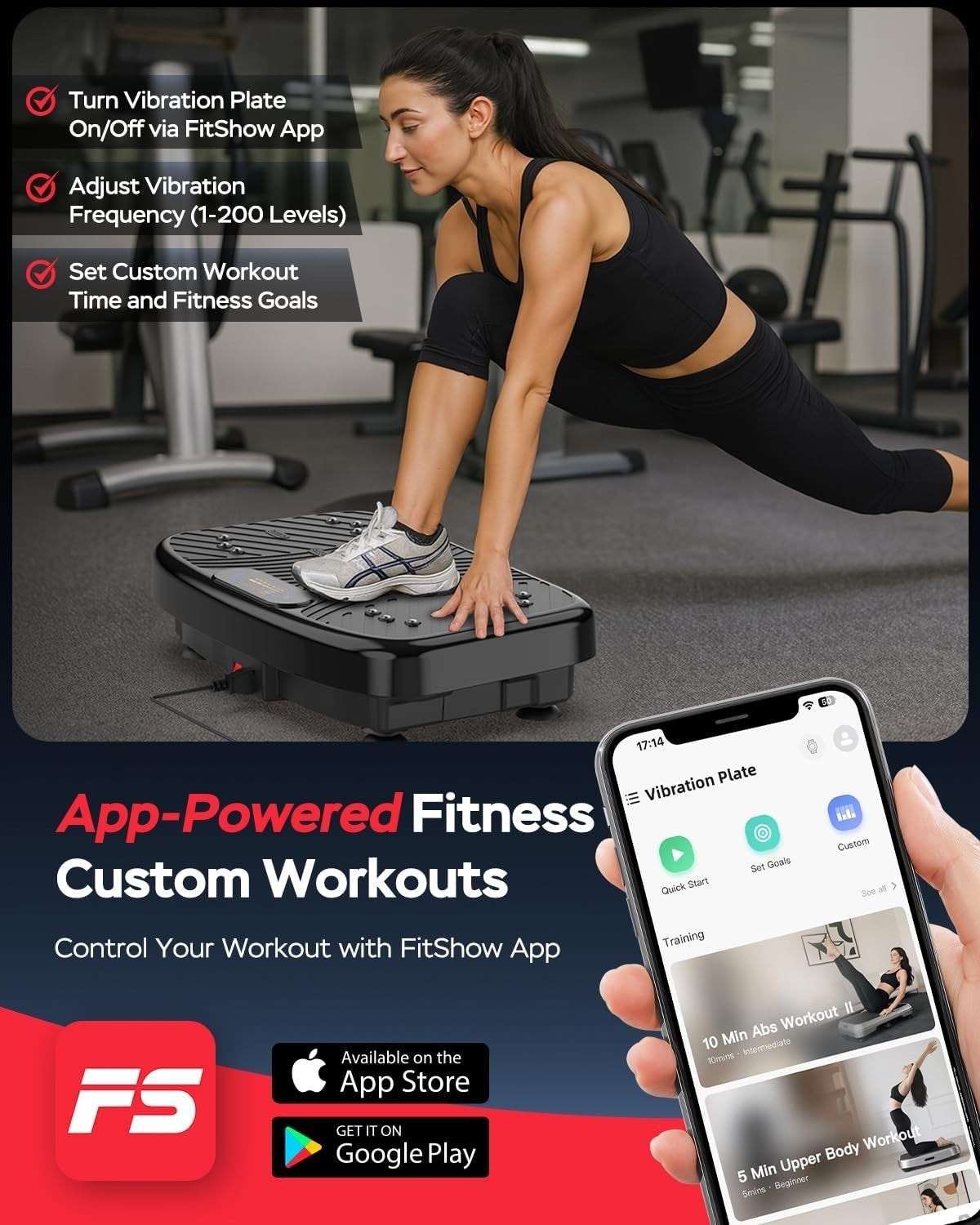 Black App-Controlled Vibration Plate Exercise Machine 200 Speeds 450lb