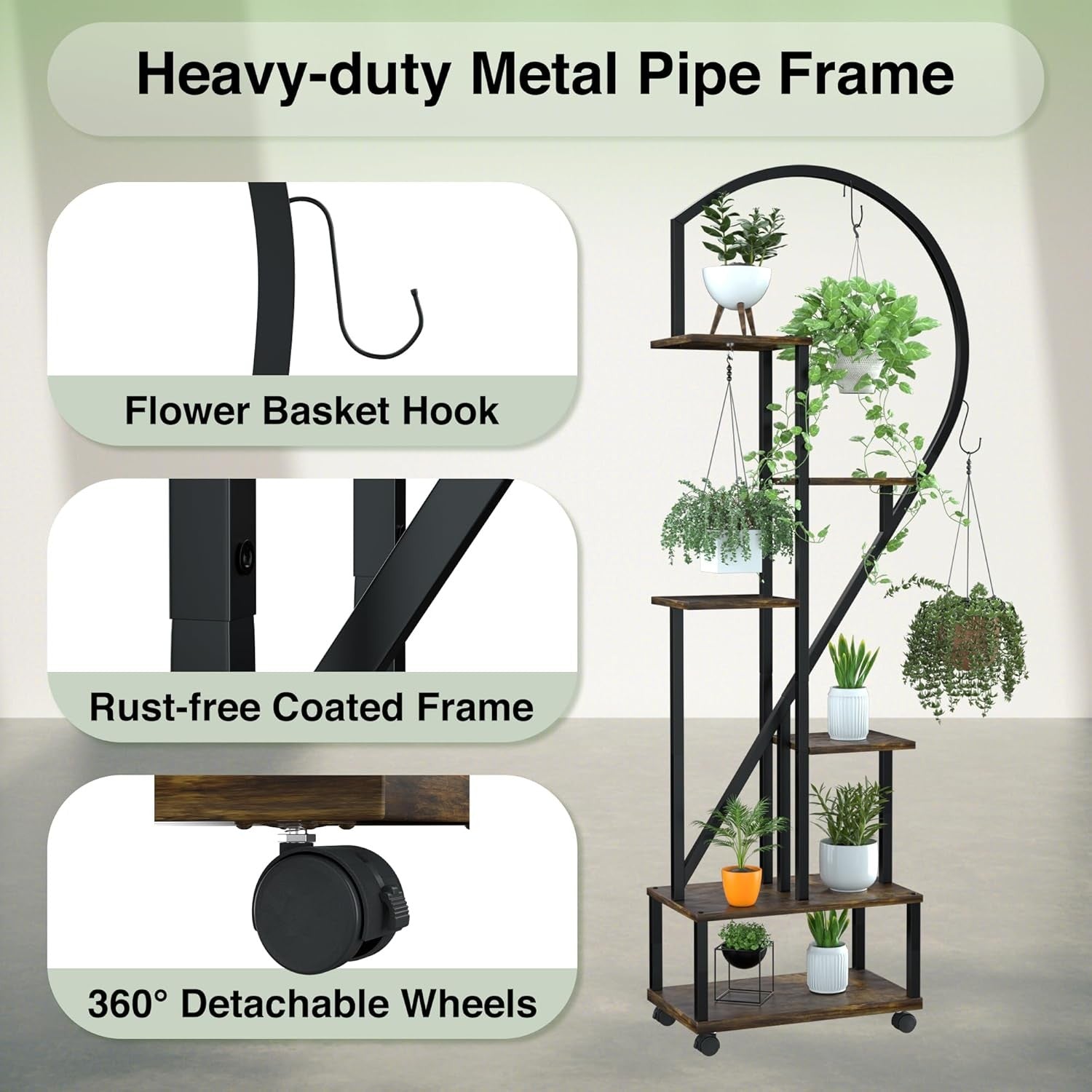 71in Half Moon Metal Plant Stand 6 Tier Tall Flower Shelf Indoor Outdoor Rack