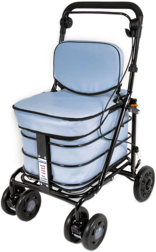 Premium 6 Wheel Mobility Shopping Trolley With Seat Backrest Sky Blue