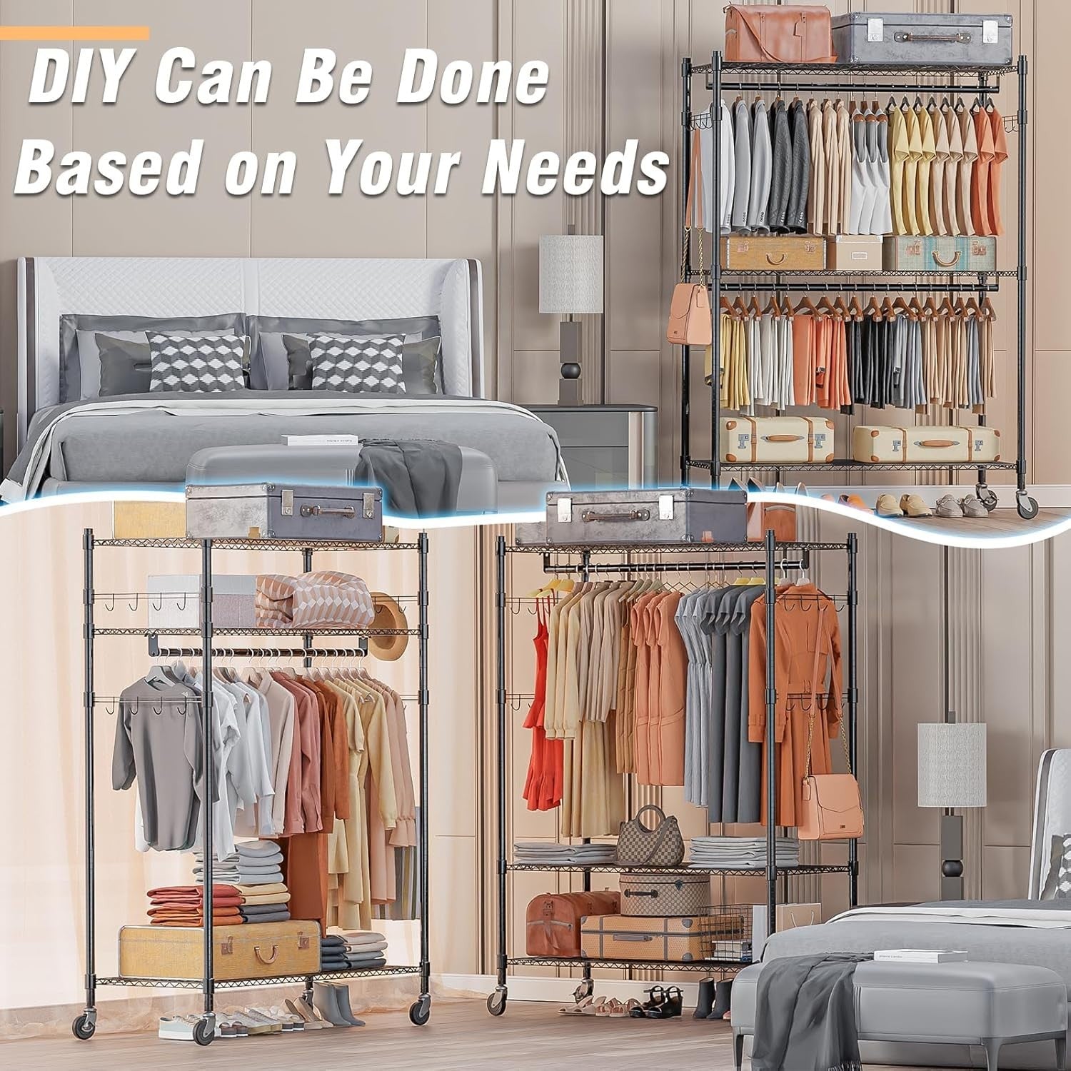 Heavy Duty Double Rod Clothes Rail with Shelves & Wheels – Black 205cm