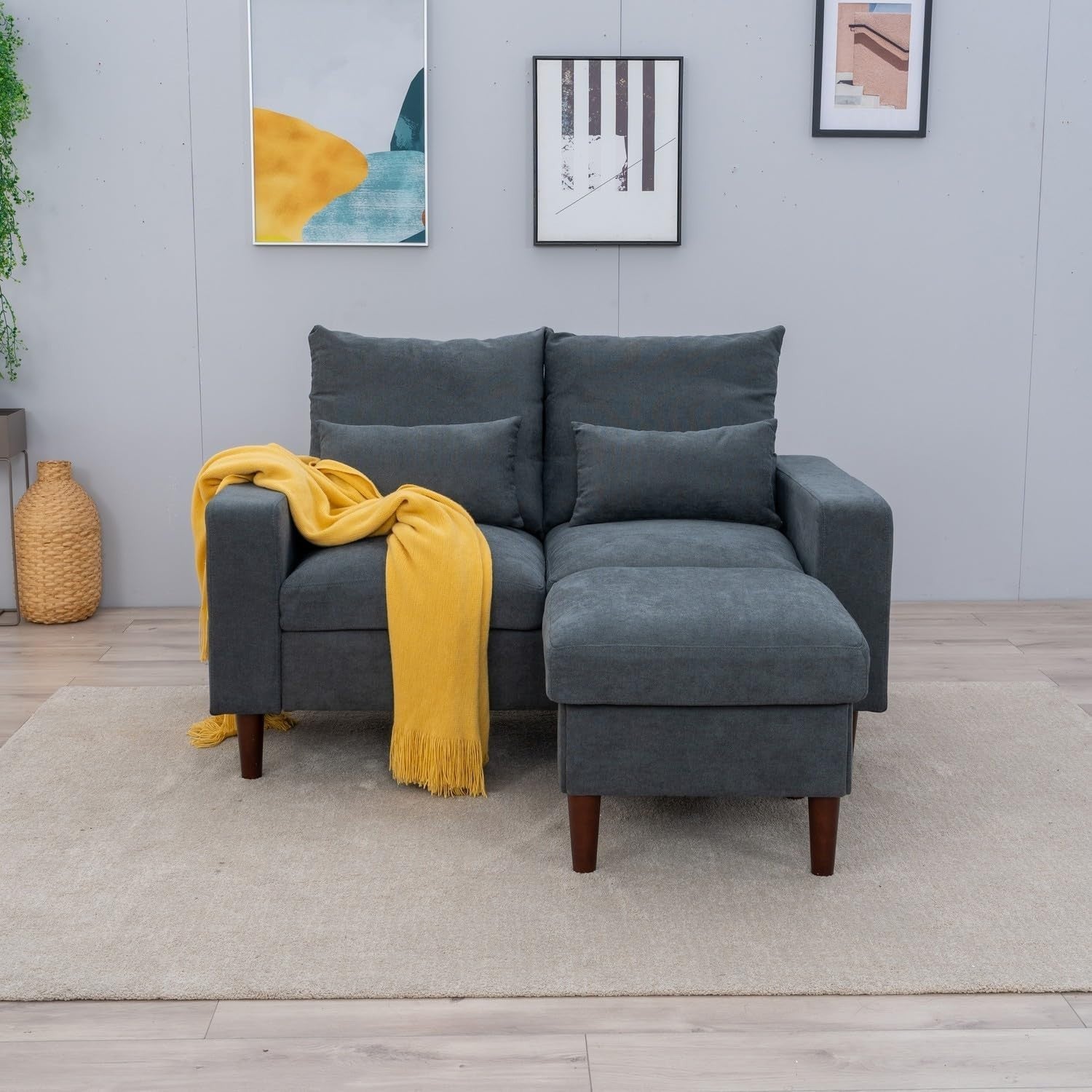 2 Seater Grey Fabric Sofa Couch with Footstool, Small Living Room Ready