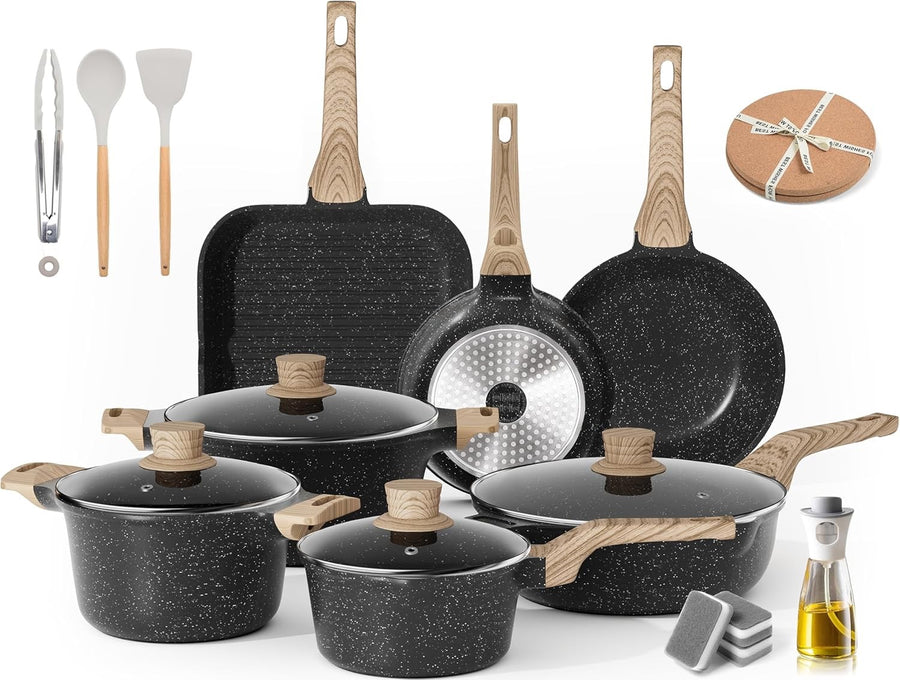 11Pcs Black Non Stick Cookware Set with Grill Pan & Lids