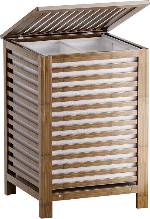 Walnut Bamboo Double Laundry Hamper with Lid 120L 2 Section Basket 47x47x65cm