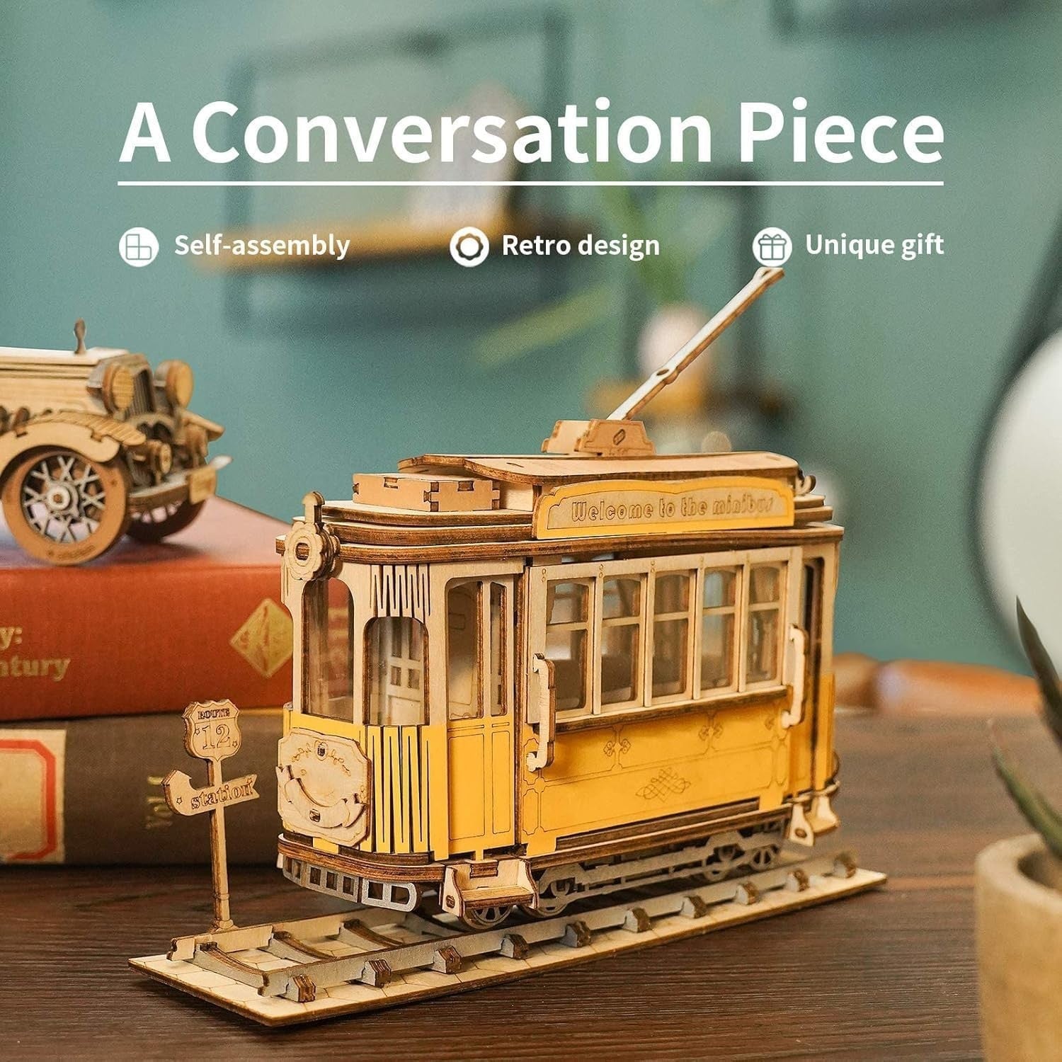 3D Wooden Tram Puzzle Model Kit with Moving Parts & Retro Design