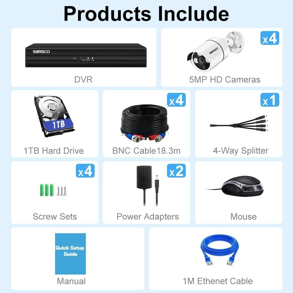 5MP CCTV Security Camera System 8CH DVR 1TB HDD 4 Cameras 3K