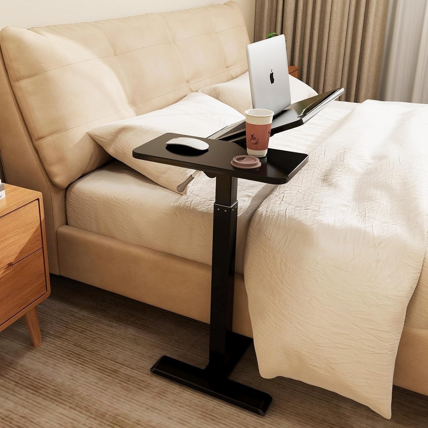 Adjustable Overbed Table with Wheels Split Top Laptop Desk Pneumatic Lift