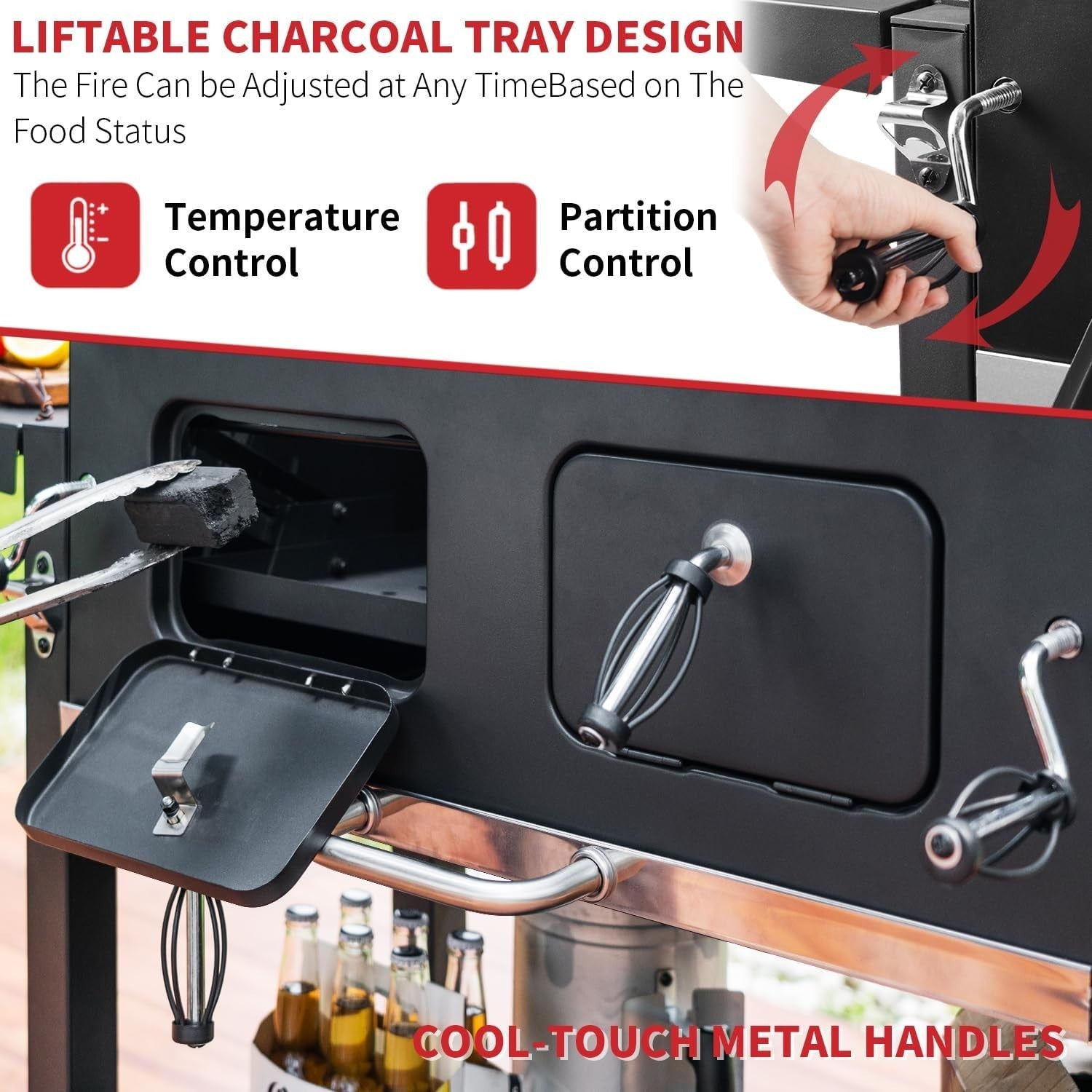 Large Charcoal BBQ Grill with Dual Adjustable Trays & Temperature Gauge