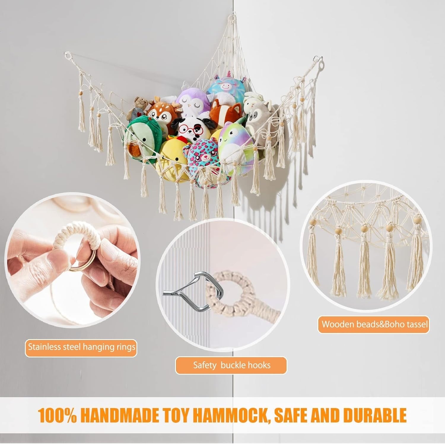 White Macrame Toy Hammock – Stuffed Animal Storage Net with Hooks – Nursery