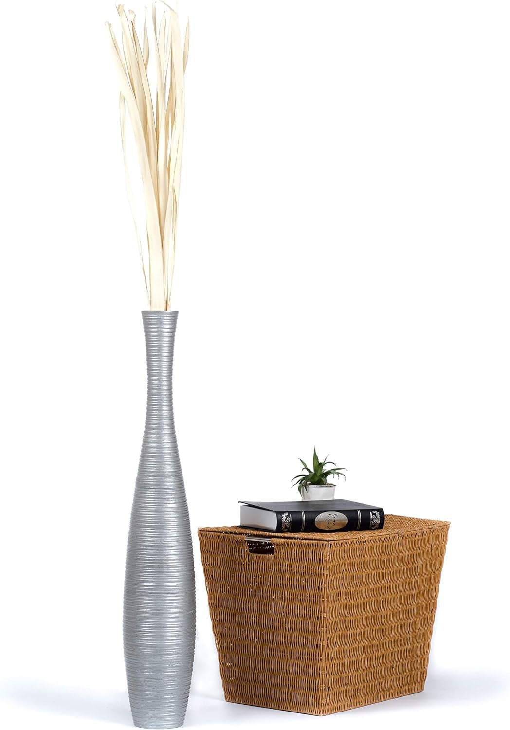 Large Silver Floor Vase 85cm Tall Wooden Decor for Pampas Grass