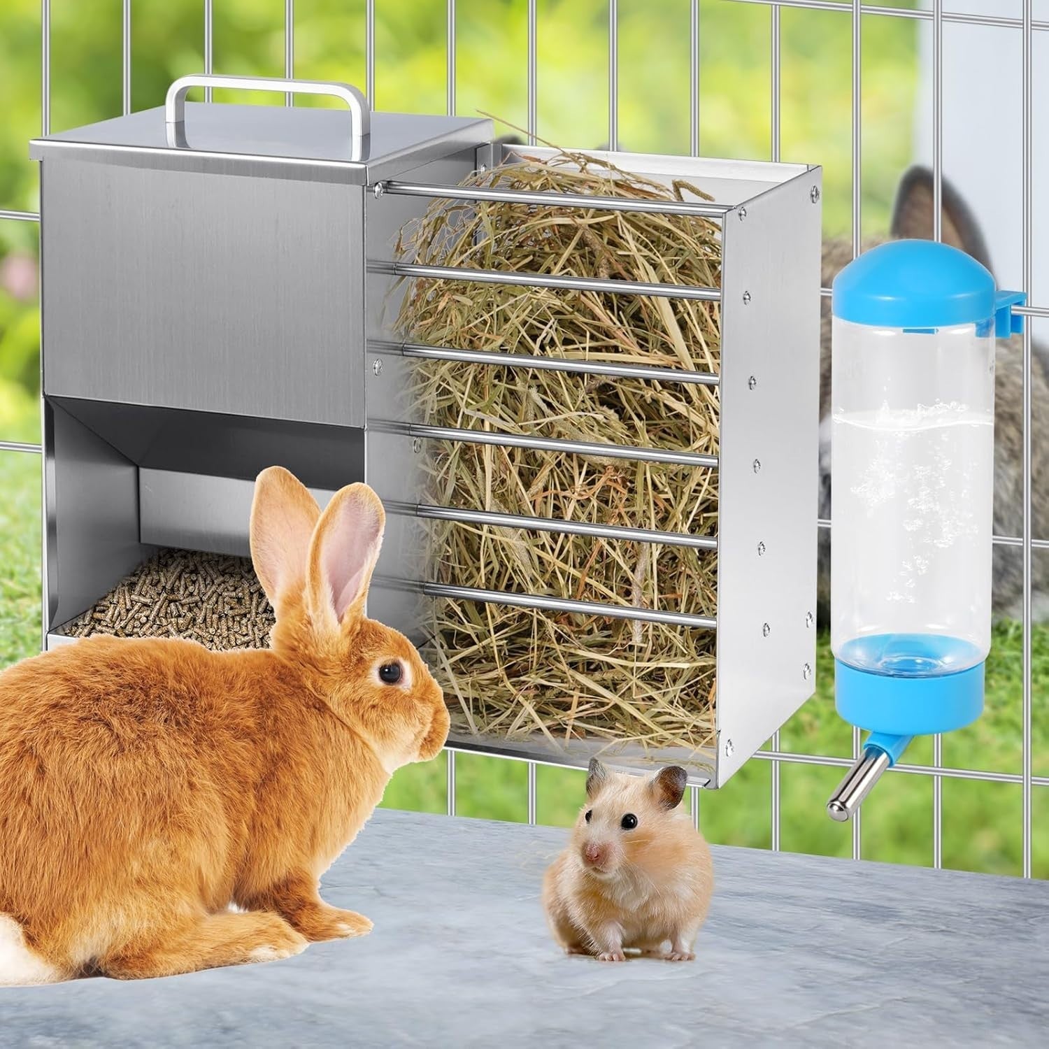 2 in 1 Rabbit Feeder Hay Rack Water Bottle Stainless Steel Food Dispenser