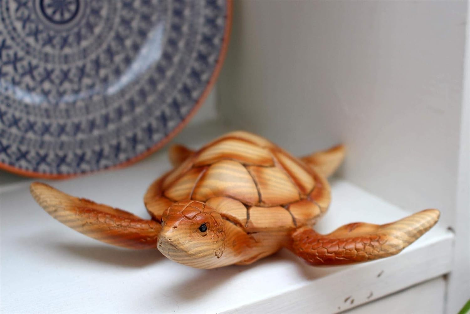 Nautical Wood Effect Turtle Ornament 18cm • Coastal Sea Life Decor