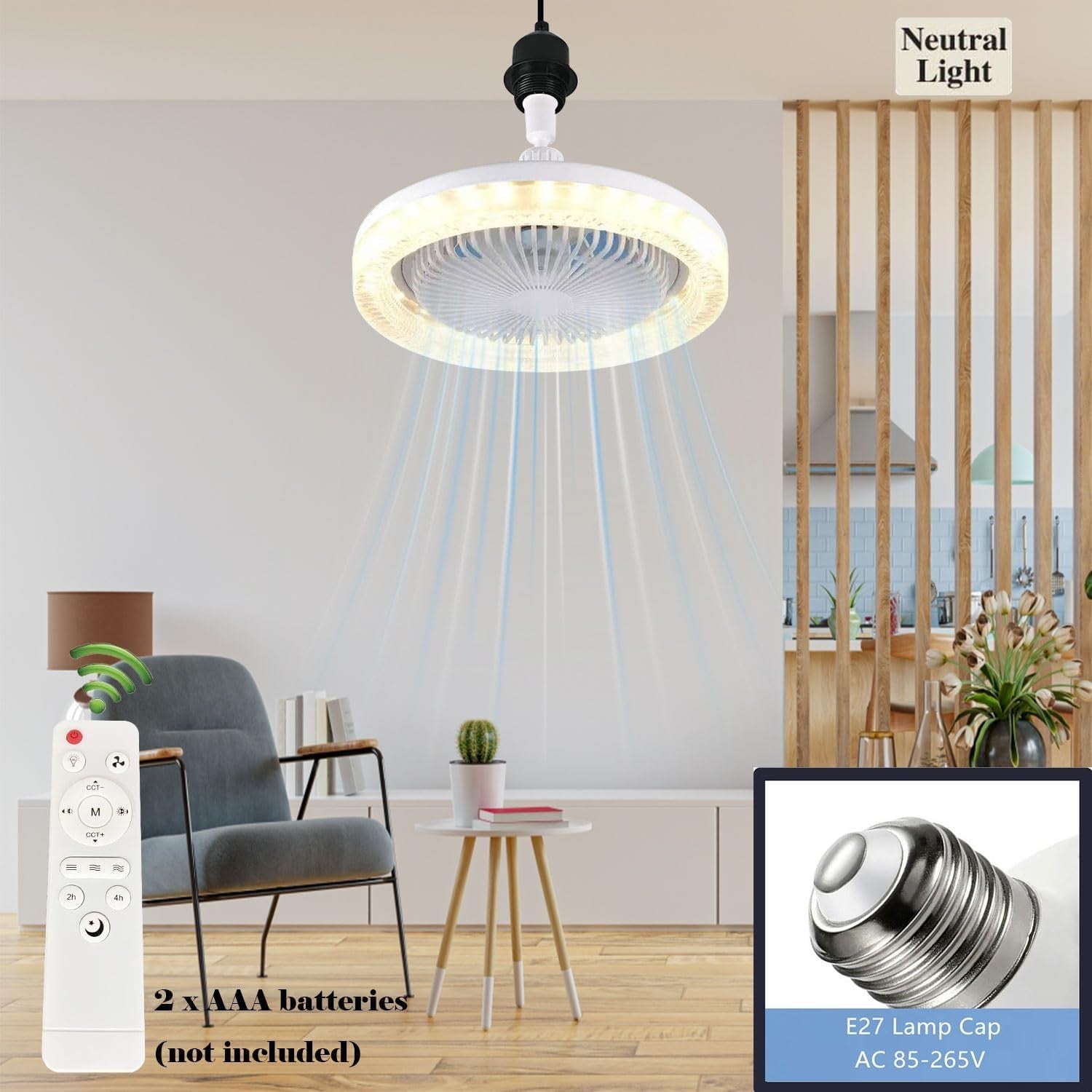 LED Ceiling Fan Light, 3 Speeds, 3 Colors, White