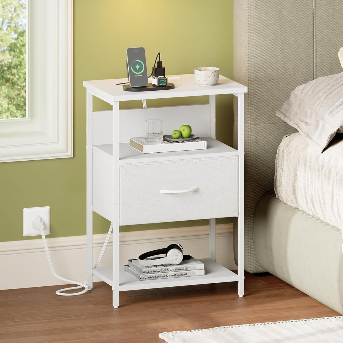 White Bedside Table with LED Light – USB Charging Ports